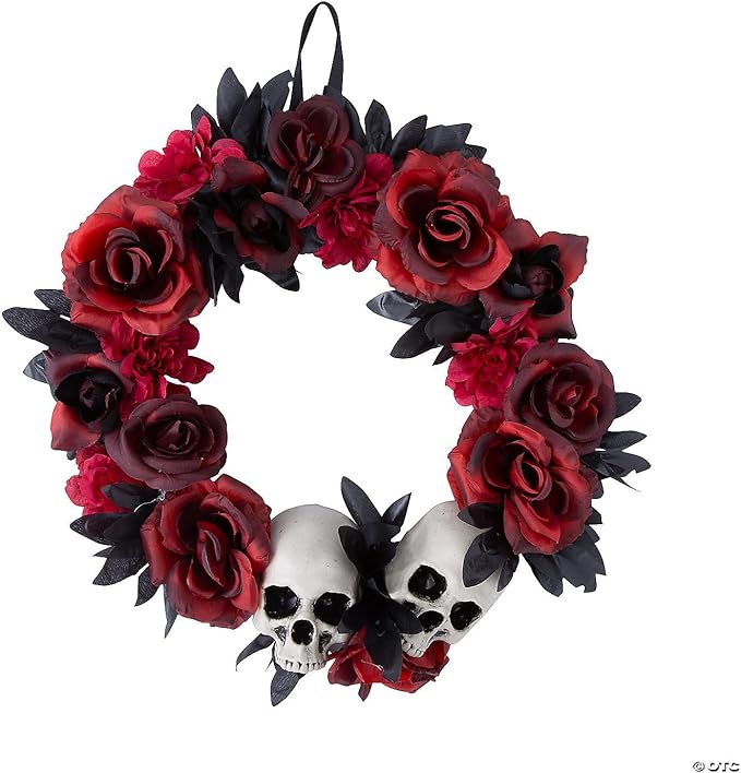 Red & Black Flower Wreath with Skulls Halloween Decoration 16