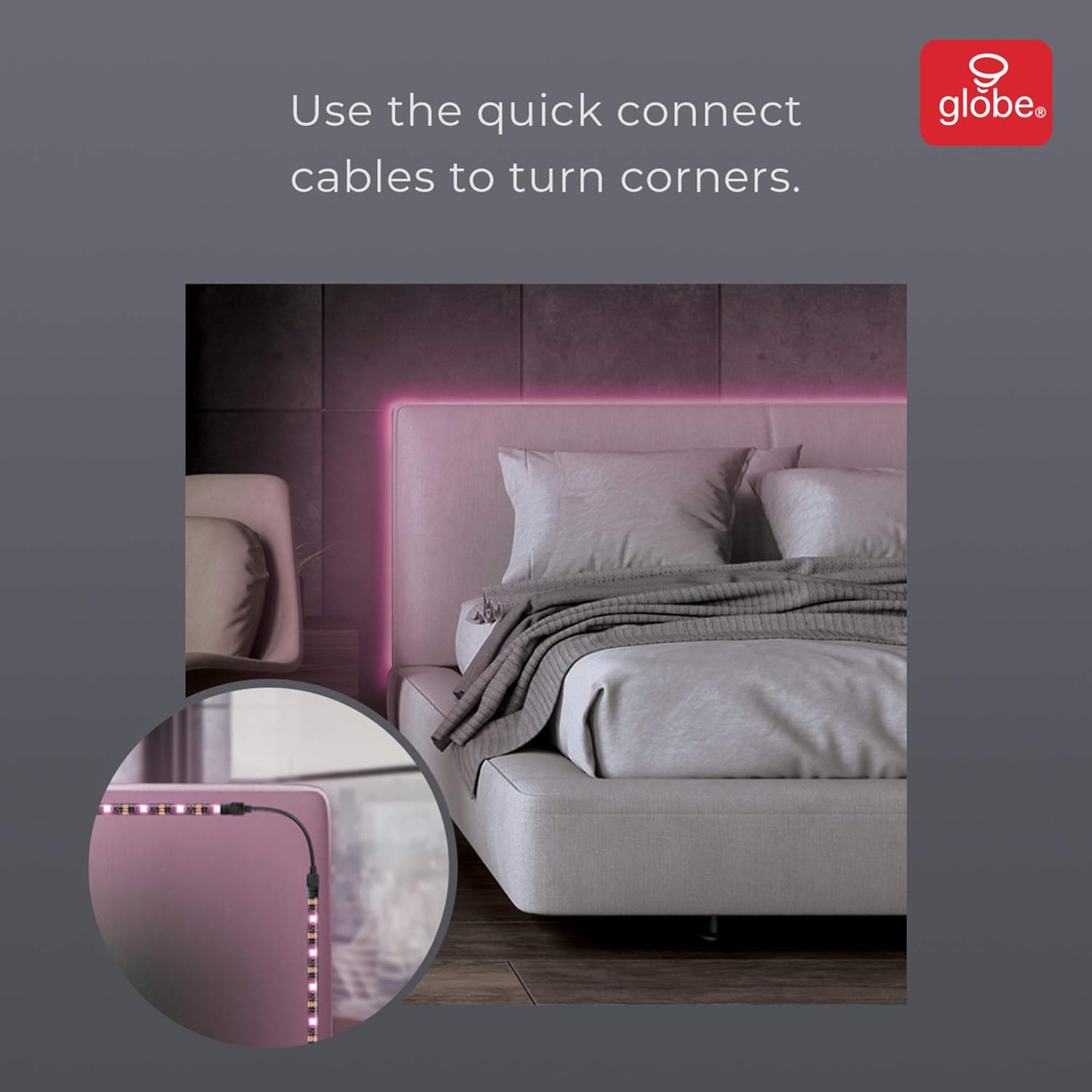 LED strip light installed around a bed frame corner using quick connect cables