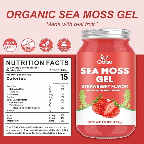 Miniatura 4 de OALSE Gel orgánico de musgo marino de 28 onzas con sabor a fresa, gel natural de masa marina con 92 minerales y vitaminas, sin OMG, sin gluten,