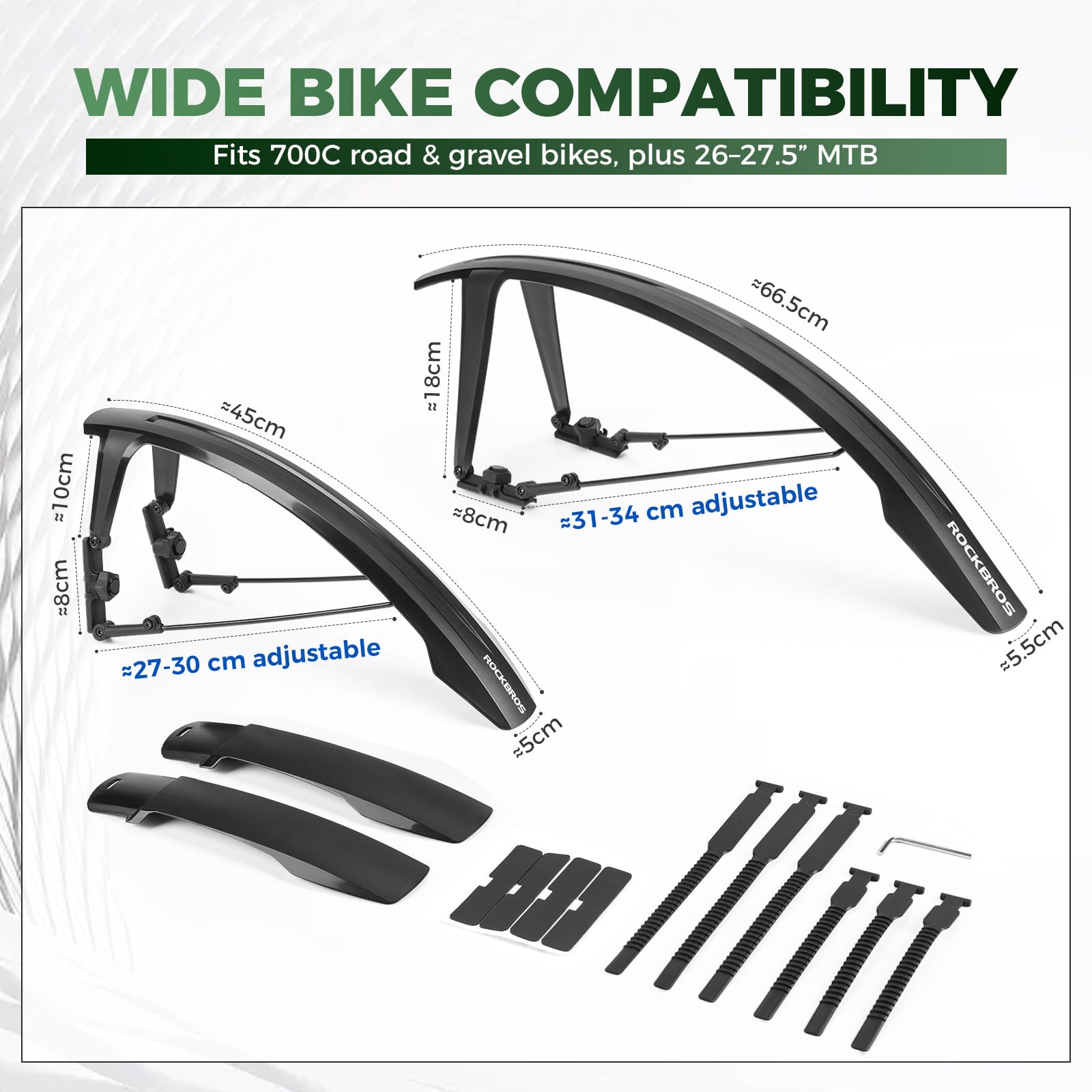 ROCKBROS Set de Garde-Boues Vélo, Protection Prolongée Ajustable, PP Robuste, Multi-Angle, Montage Rapide pour Vélo Route 700C, Gravel, Trekking et VTT 26–27,5 Pouces