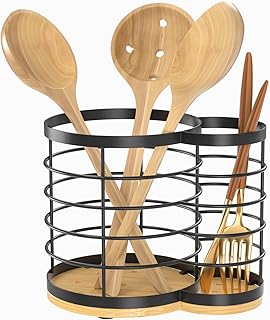2 In 1 Kitchen Utensil Holder for Countertop - 7.2''×6.2''×4.8'' Extra Large Utensil Holder for Kitchen Counter, Cooking Utensil Holder, Wooden Utensil Organizer for Countertop, Bamboo Utensil Holder.