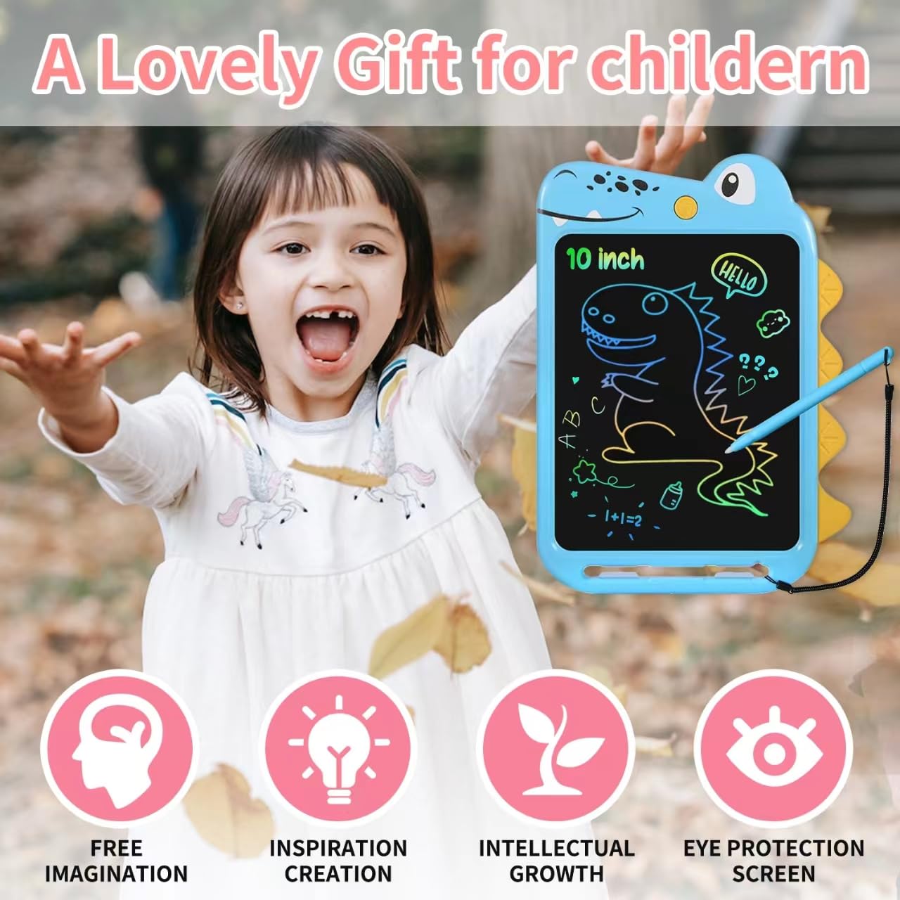 Tavoletta Grafica LCD 10 Pollici Lavagna per Bambini Cancellabile Giocattolo Regalo Compleanno Ragazzi Dinosauro
