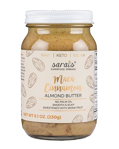 Sarais - Mantequilla de nueces de almendras de maca y canela, ultra cremosa, vegana, paleo, sin gluten, kosher, tarro de 8.11 onzas