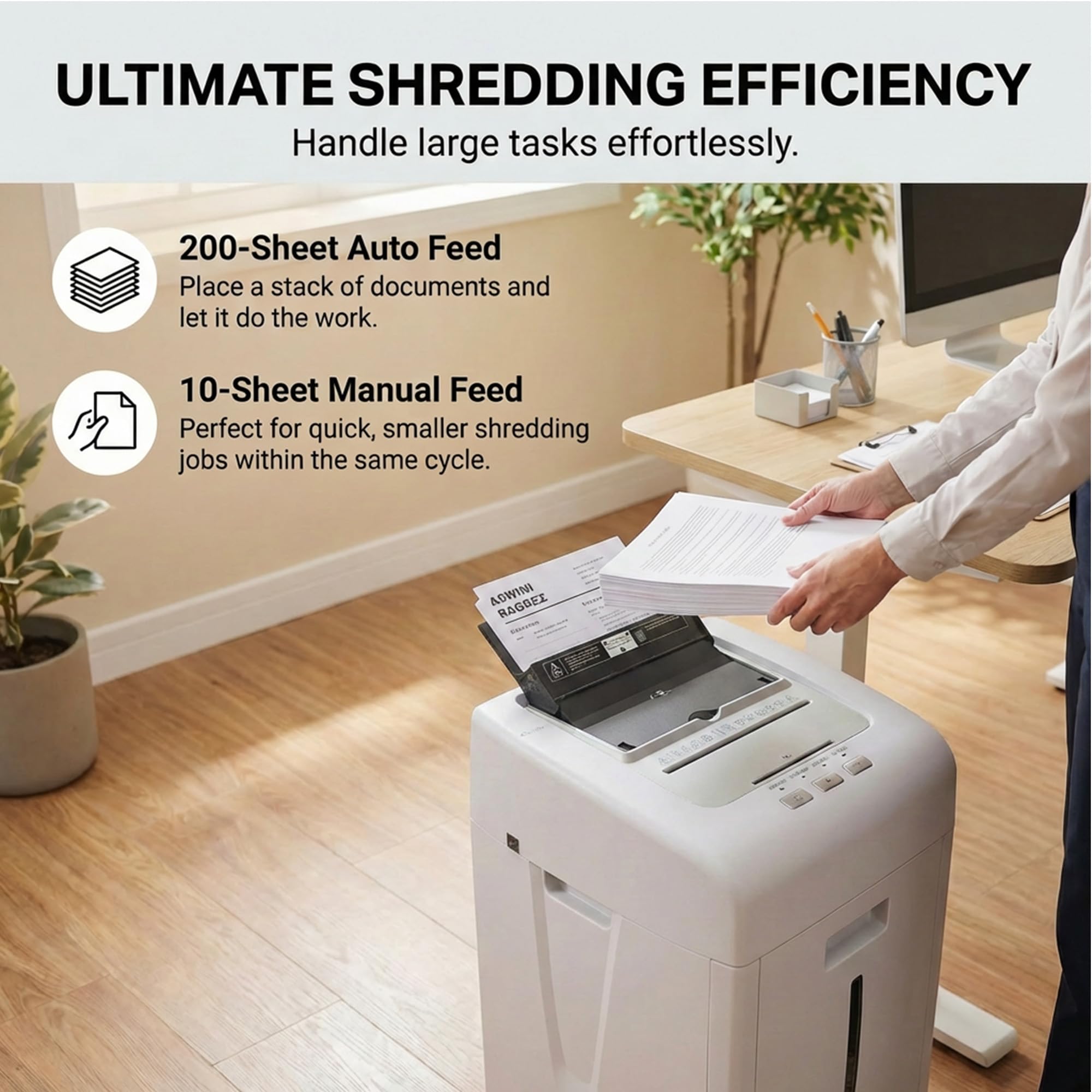 Trituradora de Papel de 200 Hojas: P5 Destructora de Documentos Automática con Corte Micro 2 x 15 mm Trituradora de Papel Eléctrica con Bandeja de 35L para CD, Tarjetas y Grapas