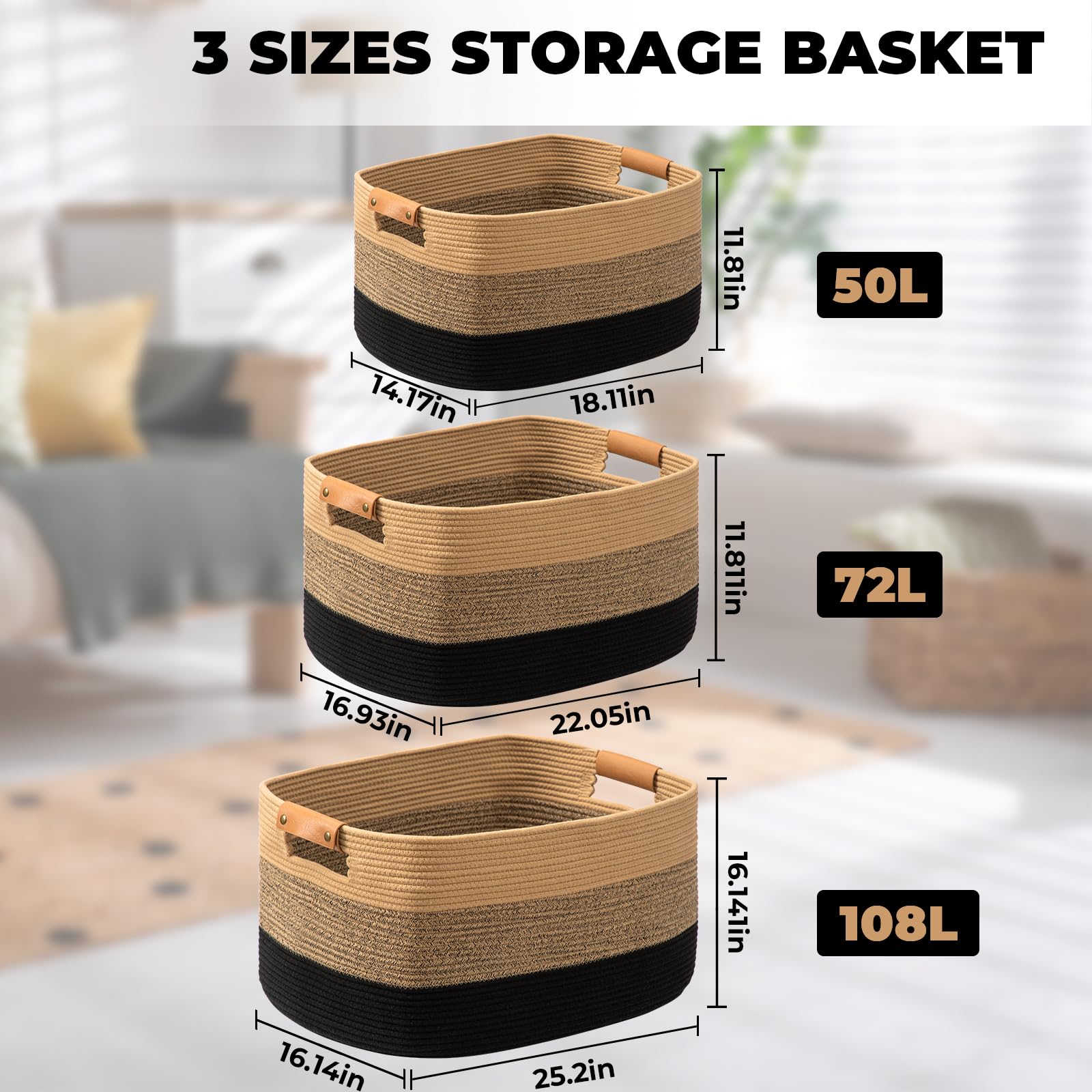 danpinera Large Blanket Basket for Living Room,72 L Rectangle Toy Storage Basket for Nursery Room Woven Rope Storage Box with Leather Handle - Image 3