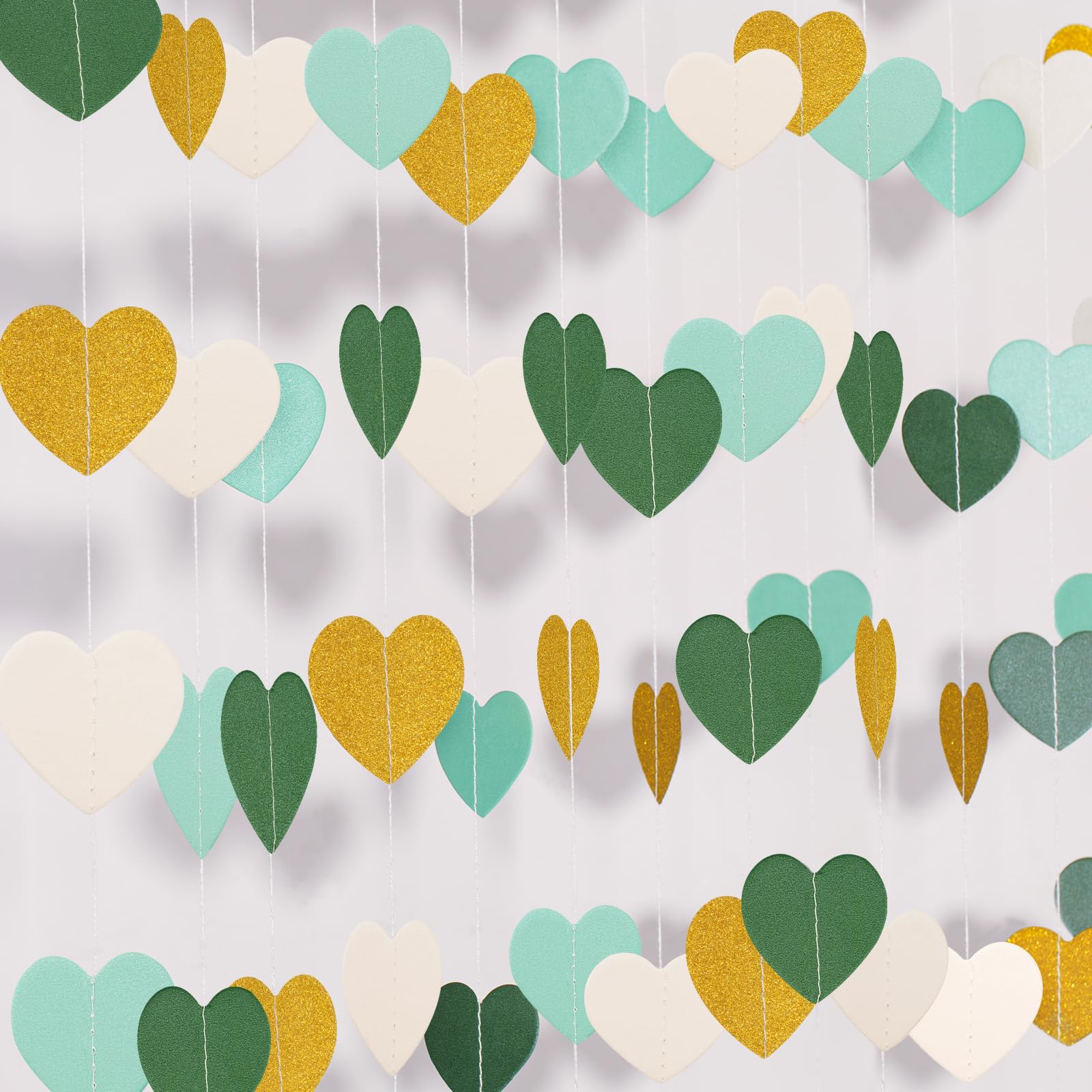 G2PLUS Glitter Heart Garland, 16m Green White Gold Hearts Hanging Garlands