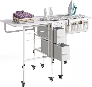 FIMELLO Rolling Ironing Table with Storage Drawer,Folding Ironing Table with Wheels, Craft Table with Storage, Wooden Fold Down Ironing Station, Heat-Resistant, Laundry Table