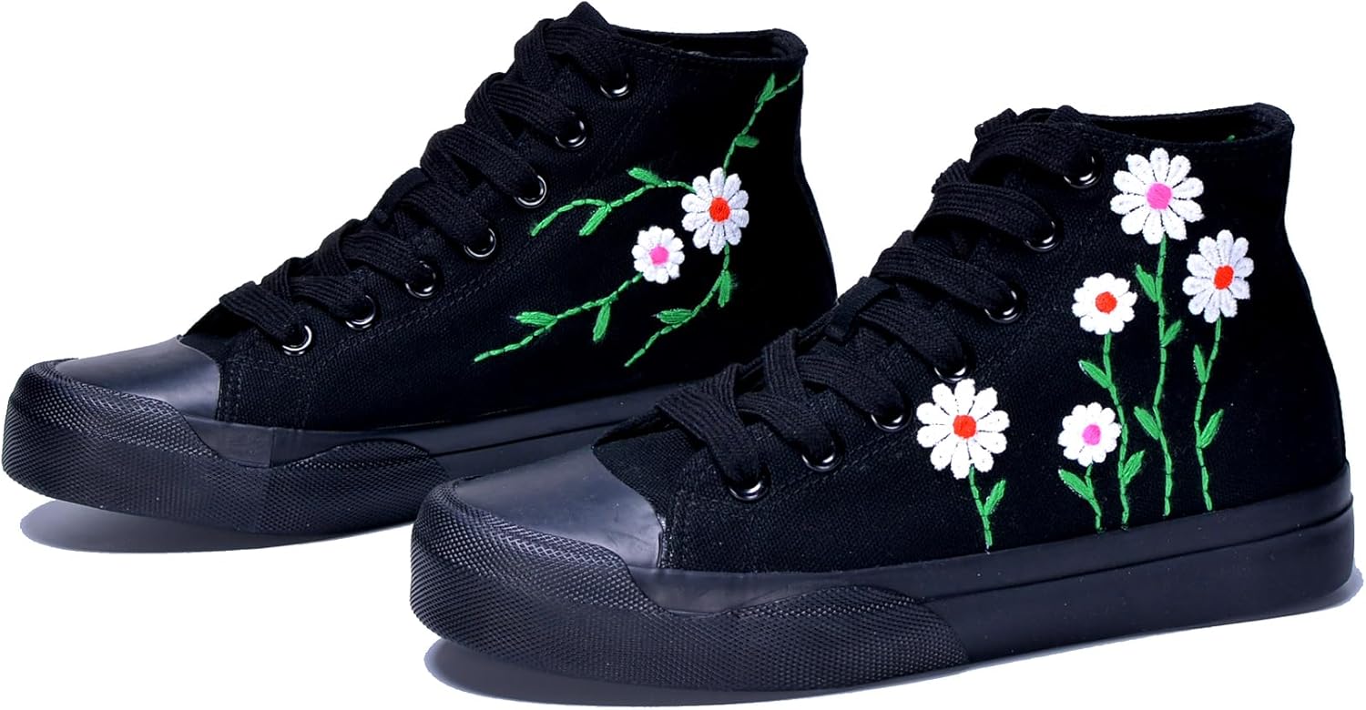 Women High-Top Fashion Sneakers with Floral Embroidery Birthday Gift Wedding Shoes for Bride White Canvas Tennis Walking Shoes