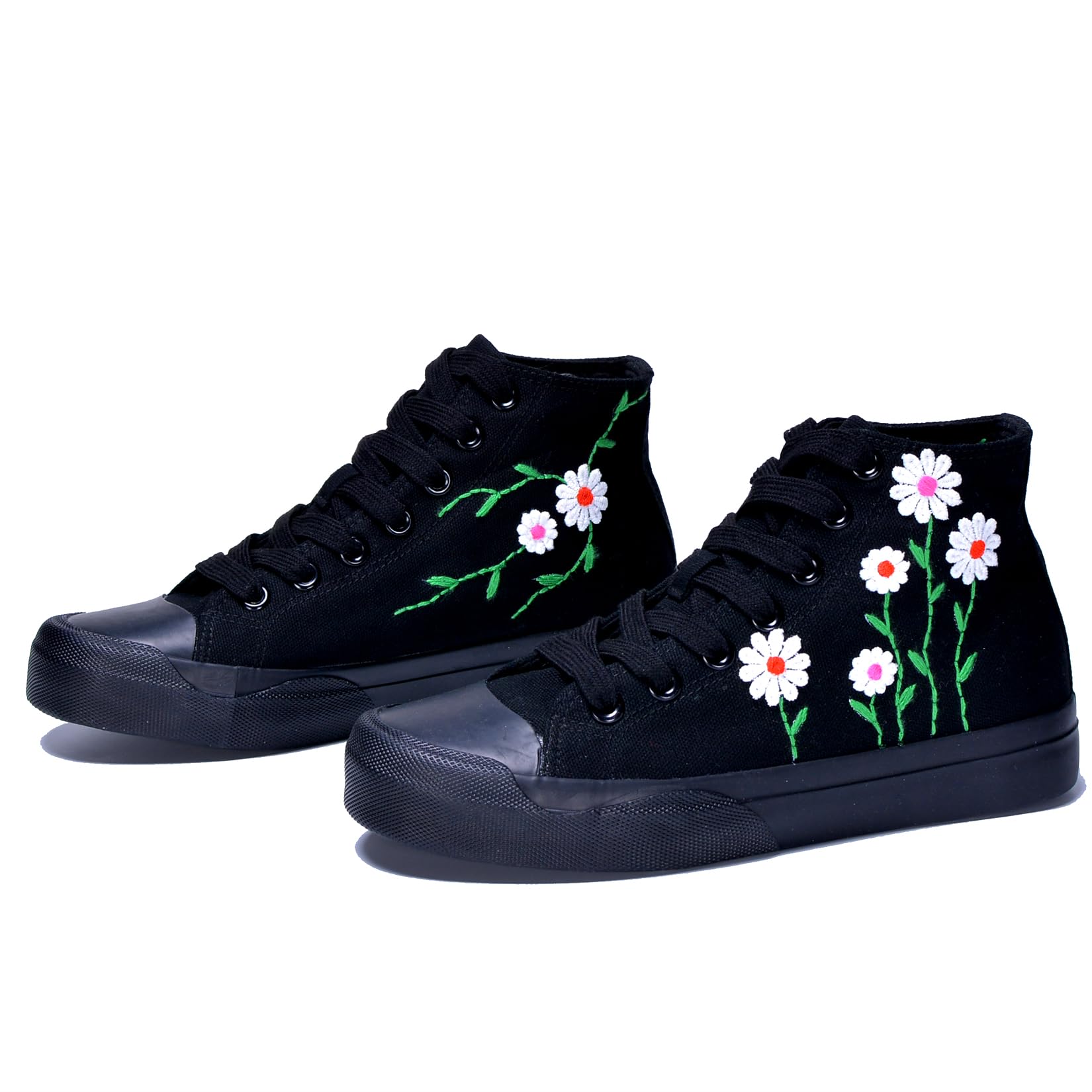 GXZUORUI Women High-Top Fashion Sneakers with Floral Embroidery Birthday Gift Wedding Shoes for Bride White Canvas Tennis Walking Shoes