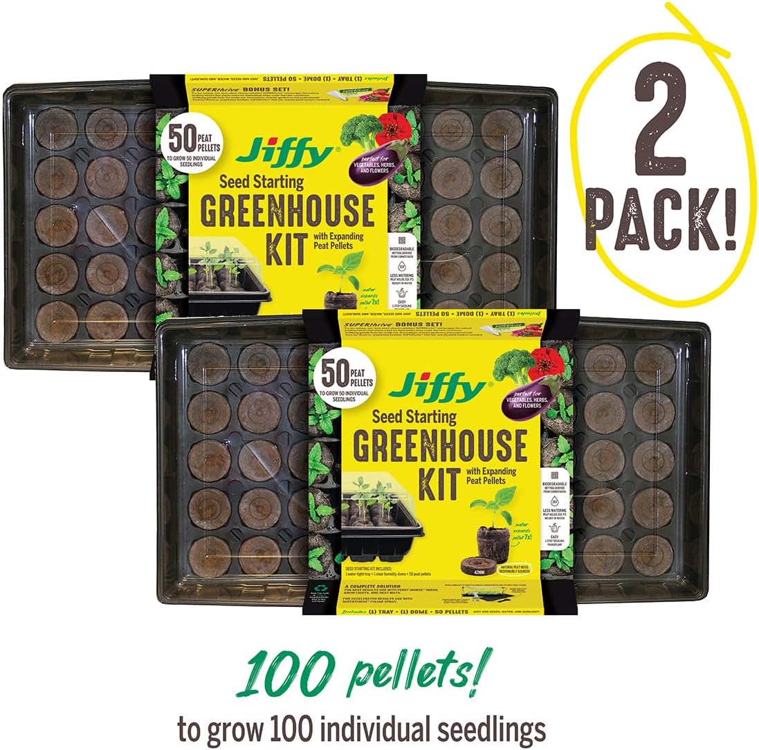 Ferry Morse Jiffy Seed Starter Tray Kit - 50 Cell, Bonus SUPERthrive, Plant Labels - 2 Pack - Peat/Plastic