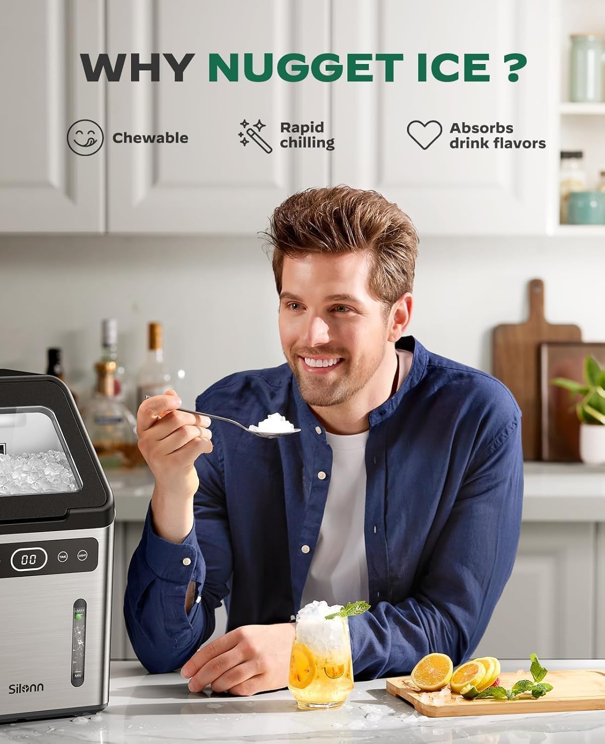 Silonn Nugget Ice Maker Countertop - 44lbs/Day Soft Chewable Pebble Ice, Self-Cleaning One-Click Operation, Stainless Steel on Fridge.com