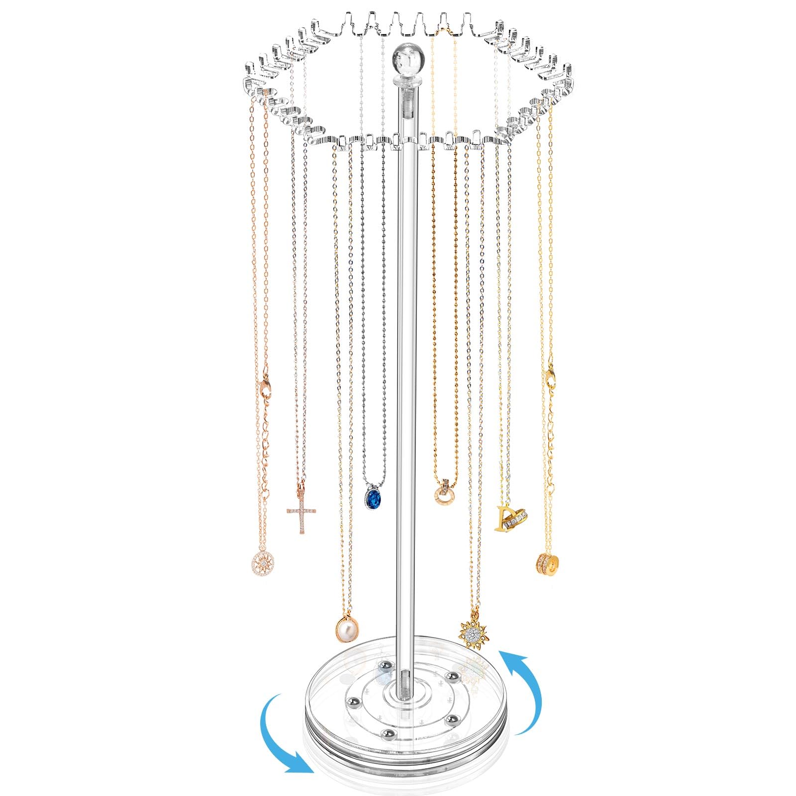 OAOLEER Acrylic Necklace Holder Stand, Rotating Jewelry Organizer Display Tree Hanger Rack with 36 Hooks for Necklaces, Chain, Pendant, Bracelets, Ring (Tall 15.7 In)