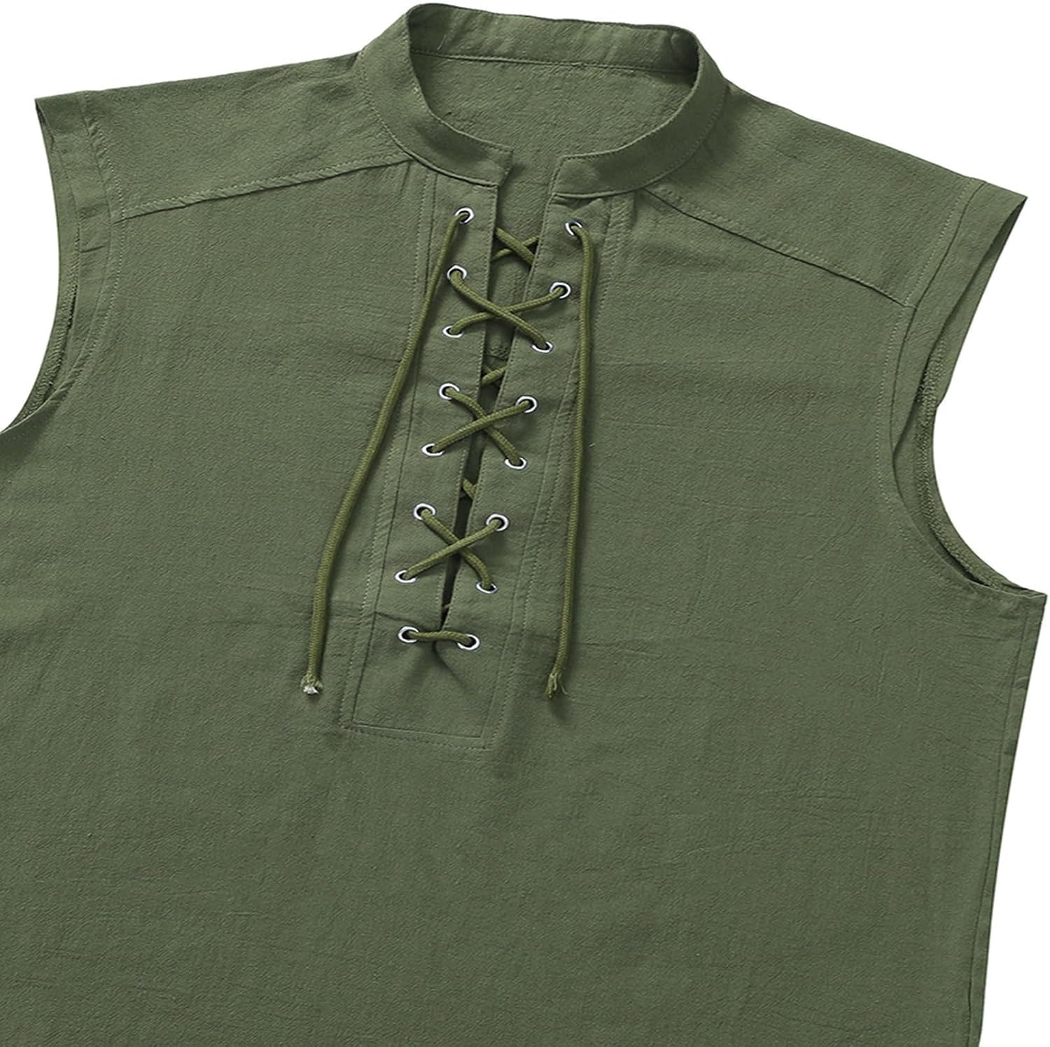Mens Medieval Pirate Lace-up Sleeveless Shirt, Renaissance Viking Stand Collar Top, Steampunk Gothic Costume Tunic(Army, S)