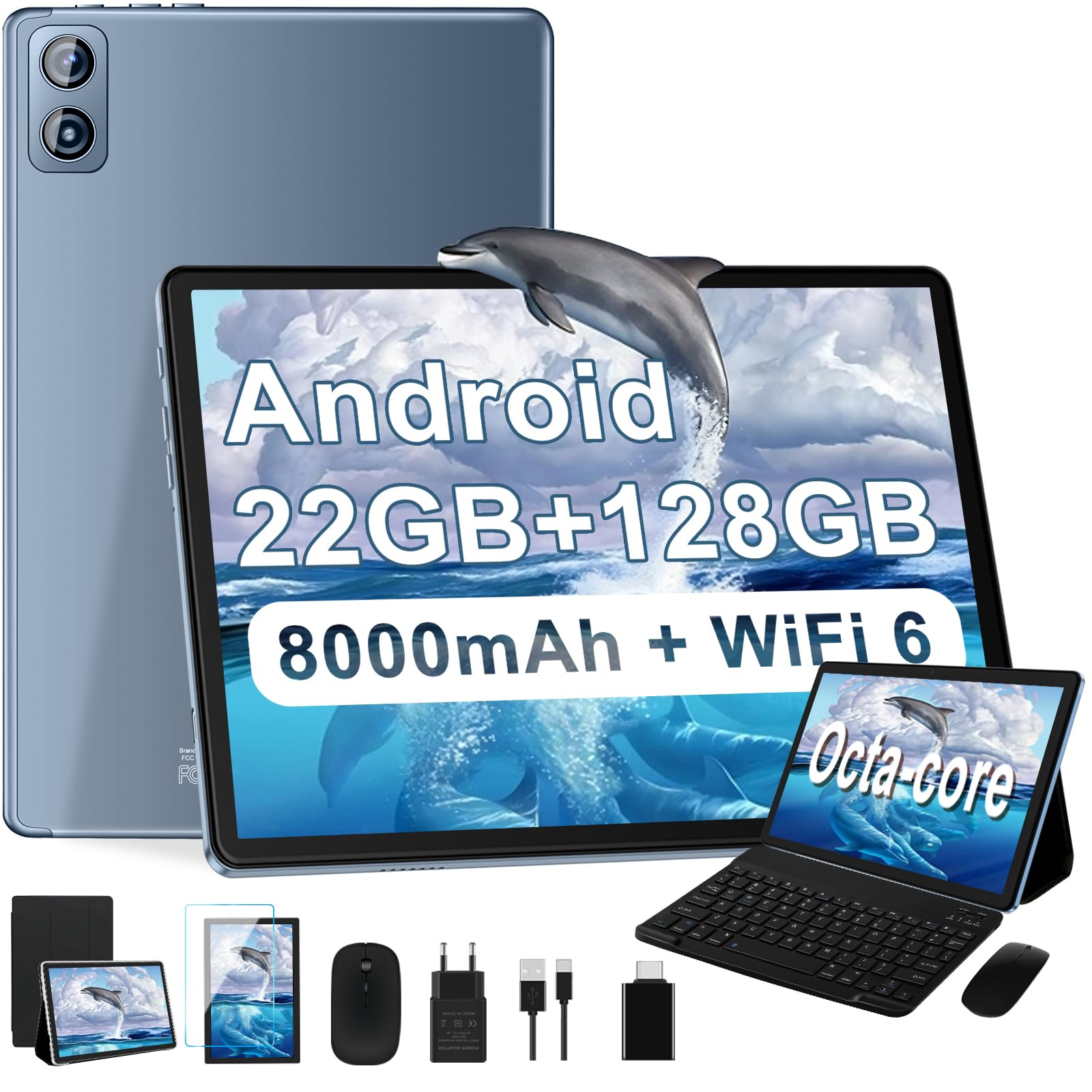 Dghrti Tablet Android 10,1 Pulgadas, 22GB RAM+128GB ROM/TF 2TB, 8000mAh, 8-Core CPU, Face ID, Widevine L1, WLAN 6, BT5.0, GPS, 5MP+8MP, Teclado Incluido Conjunto Ratón-Gris