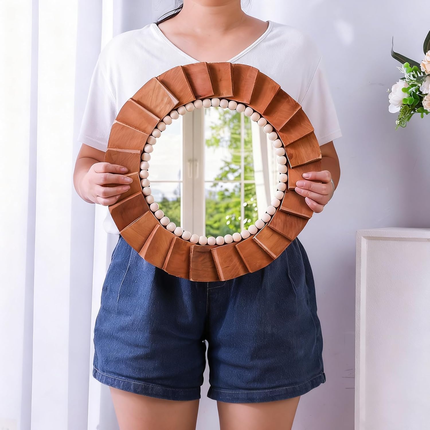 SWTHONY 15inch Small Round Wall Mirror, Rustic Farmhouse Decorative Hanging Wooden Circle Mirror for Nursery, Living Room, Bedroom, Entryway