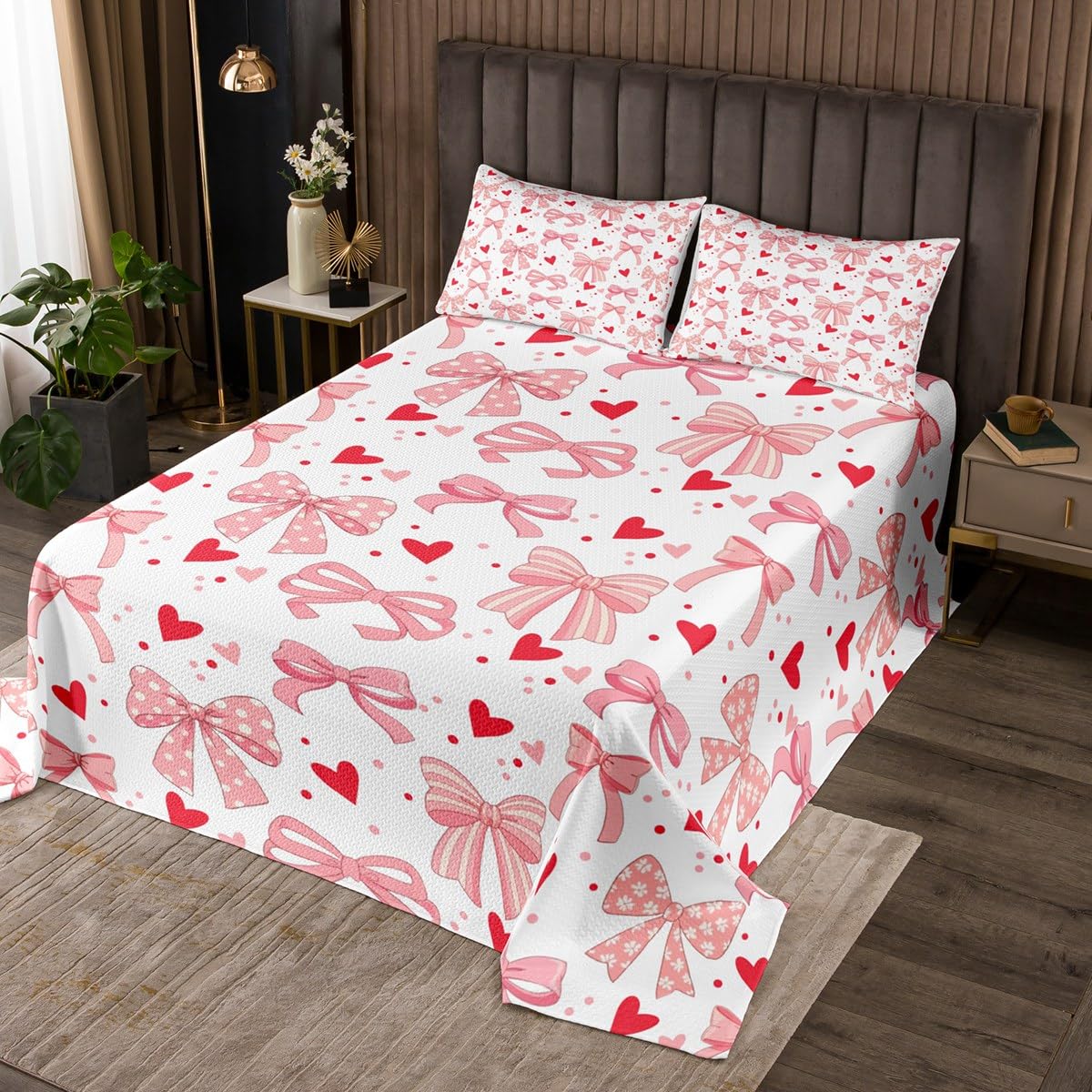 Manfei Cartoon Bow-tie Princess Queen Size Cute Bowknot Girlish Quilted 3 Pieces Coverlet Set with 2 Pillowcases Geometric Dots Love Heart Bedding Quilt for Room Decor