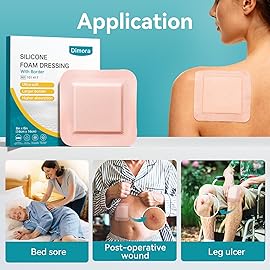 Dimora Utra Soft Silicone Foam Dressing 6X6(5 Count), Super Absorbent Large Bandage for Wound with Widened Border, Adhesive Foam Wdound Dressing for Bed Sores, Ulcer, Surgical Wound