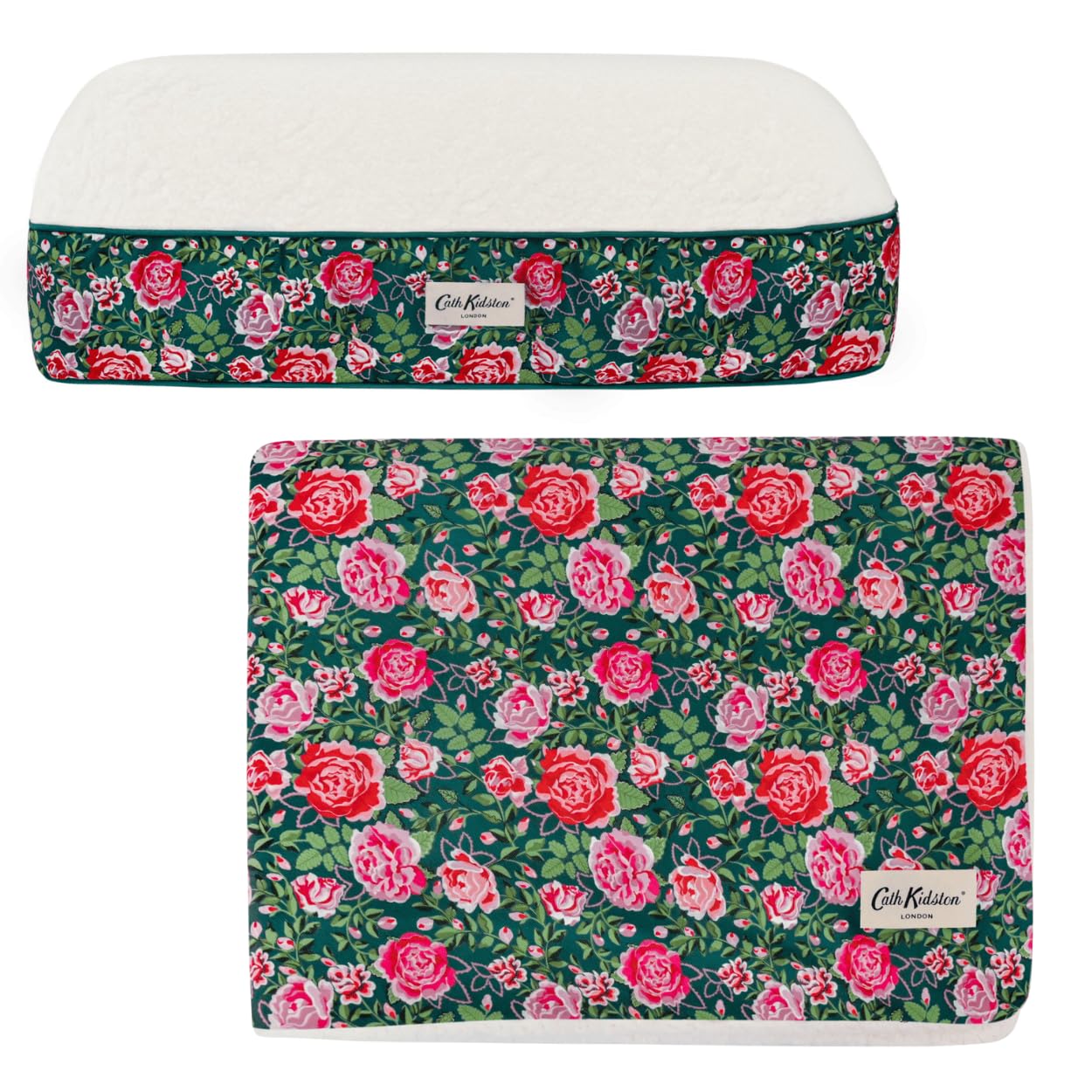 Cath Kidston Large Dog Bed & Blanket Set, Dog Mattress (95 x 75 cm) with Reversible Pet Blanket (120 x 100 cm), Machine Washable Plush Bedding, Dolly Rose Print