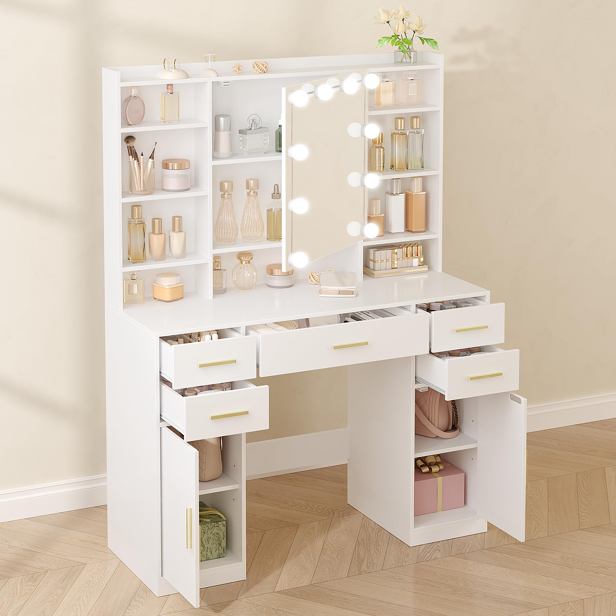 HEXCELEN 108 cm Coiffeuse avec Miroir et Lumières LED, Blanc | Luminosité Réglable, Tiroirs, Armoire et Étagères Ouverts, Table de Maquillage, Miroir avec Étagères Cachées