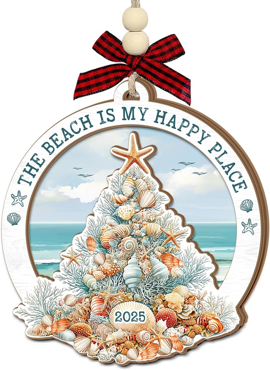 Beach Christmas Ornaments 2025 – The Beach is My Happy Place Gifts for Women Men, Wooden Christmas Decorations – Beachy Gifts for Mom, Dad, Family, Friends, Ocean Themed Gift Exchange Ideas