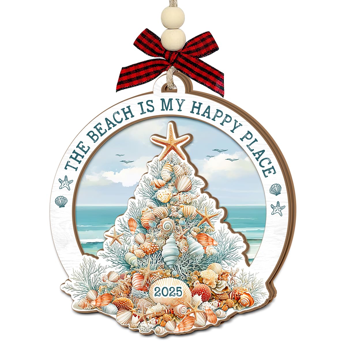 Beach Christmas Ornaments 2025 – The Beach is My Happy Place Gifts for Women Men, Wooden Christmas Decorations – Beachy Gifts for Mom, Dad, Family, Friends, Ocean Themed Gift Exchange Ideas