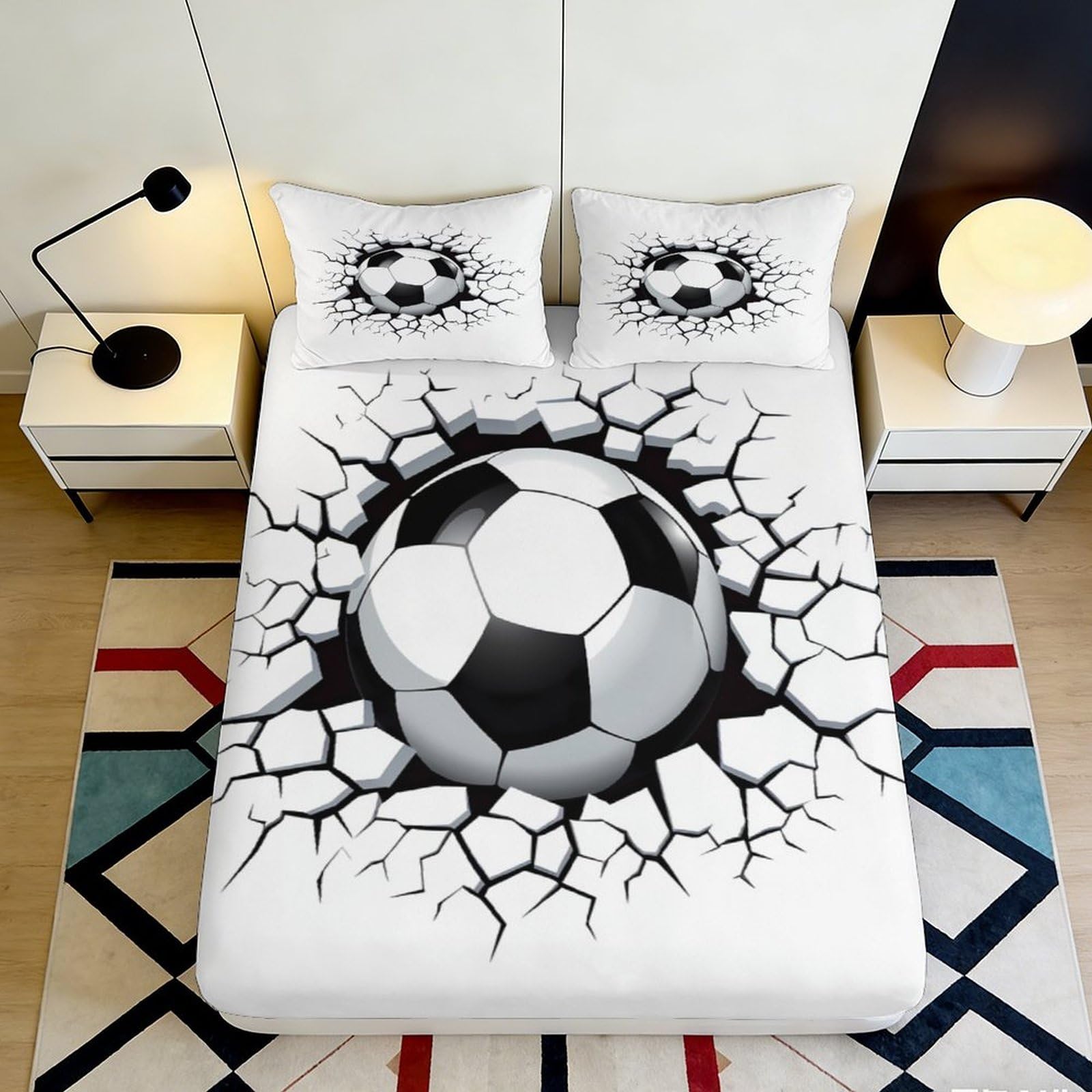 3D Printed Soccer Ball Fitted Sheet Microfiber Anti-Slip Bed Cover Cracked Wall Design for Bedroom Dorm Mattress Decor 160x200x25cm