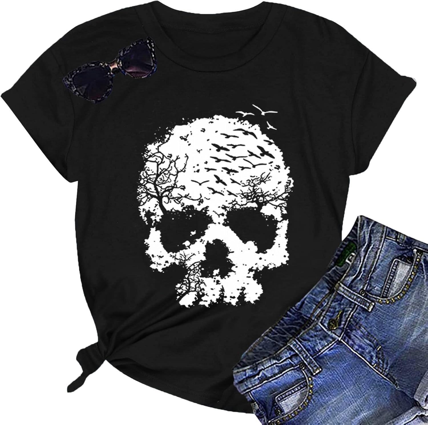 Skull Shirts for Women Funny Gothic Graphic T-Shirts Novelty Horror Tee Casual Athletic Tops