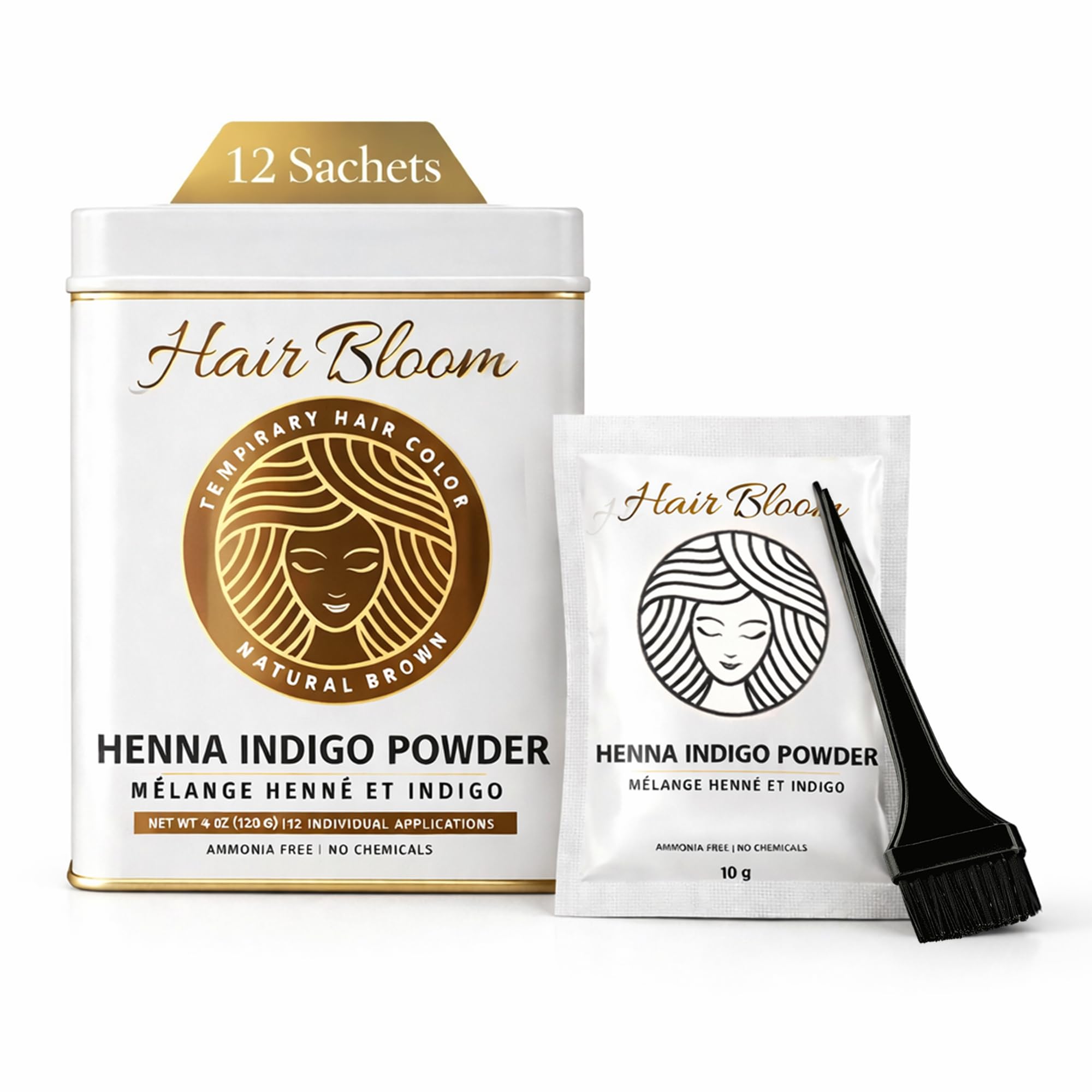 Hair Bloom Natural Brunette Hair Color- Herbal Henna & Indigo Mix Hair Color Powder- 12 individual sachets (10 gm each)- Reusable Brush & Tray Included-Temporary Hair Color