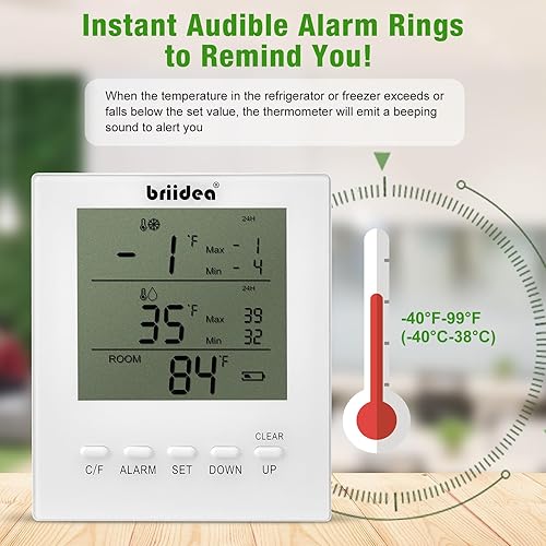 Miniatura 3 de Alarma de temperatura del congelador, termómetro inalámbrico briidea para refrigerador y congelador con alarma, alertas para temperaturas máximas y