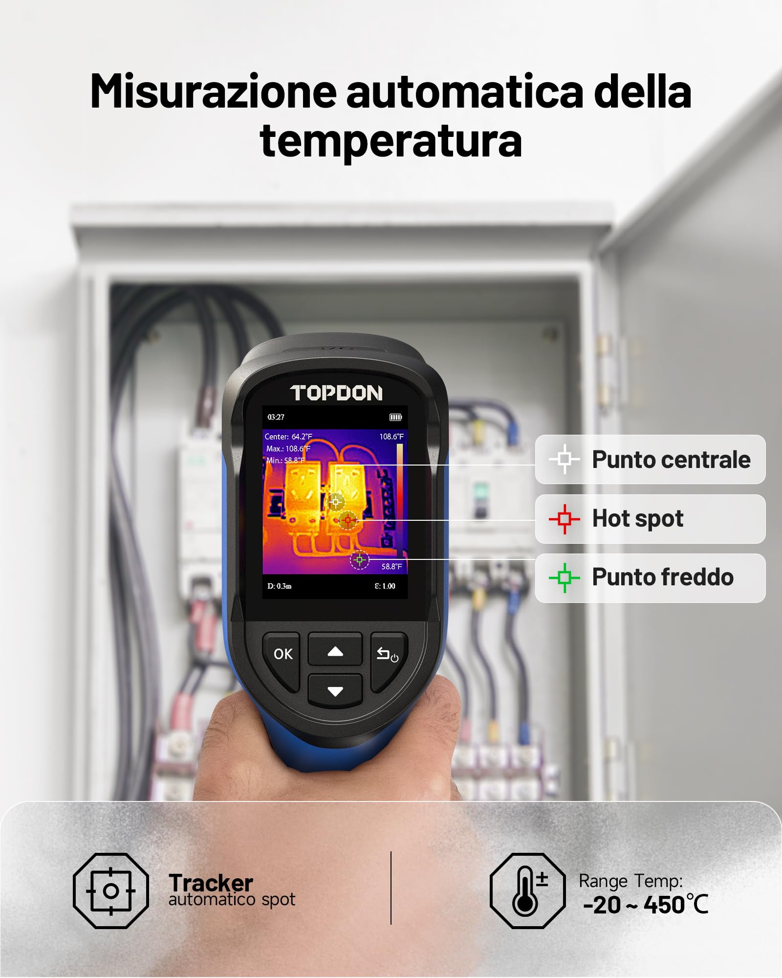 TOPDON Termocamera TC004 Mini, risoluzione IR 240x240, durata della batteria 15 ore, da -20°C a 450°C, 25 Hz, termocamera portatile per manutenzione domestica, ispezione perdite, ispezione HVAC
