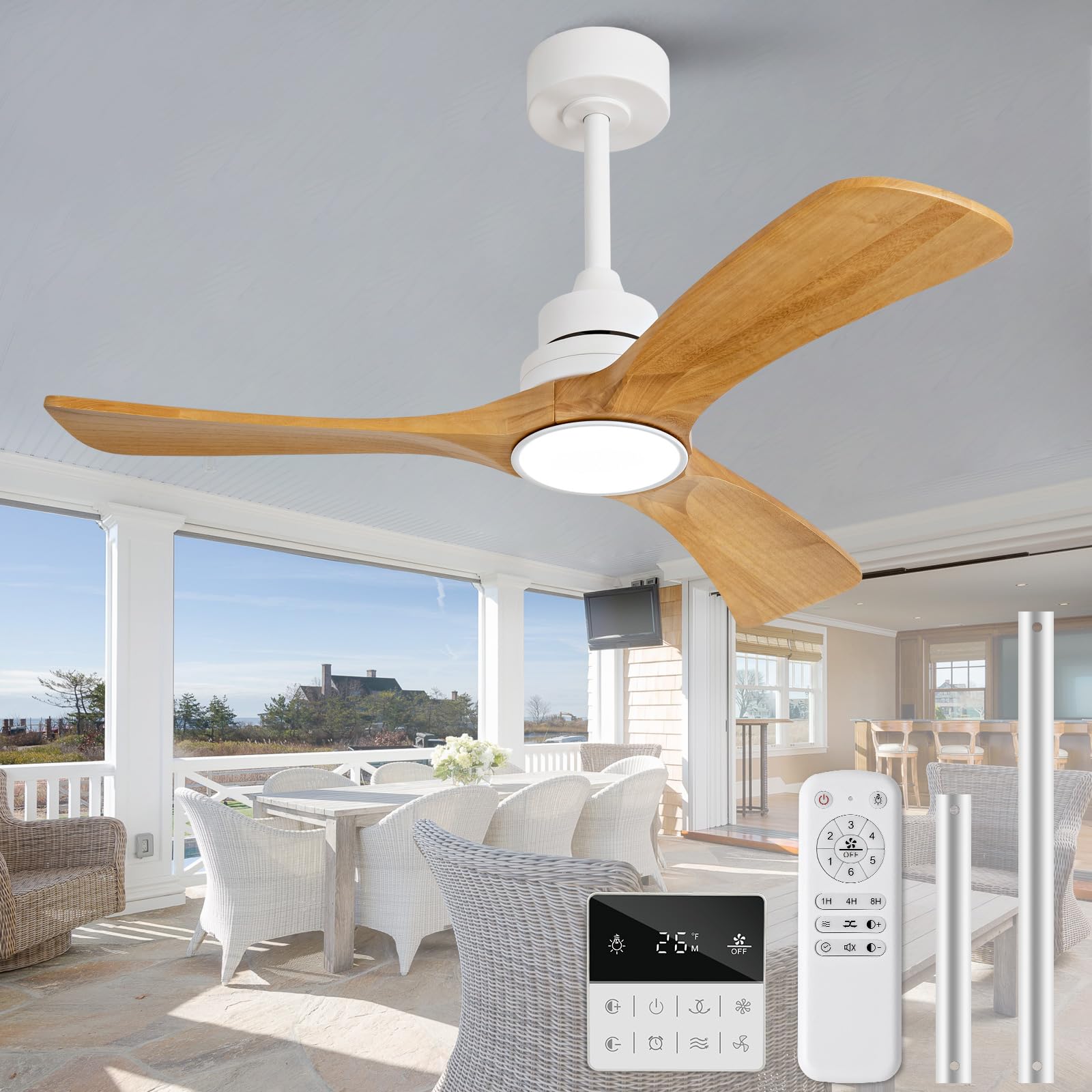 OMYU 42 inch Ceiling Fan with Light and Remote Control,Wall Switch,Solid Wood Blades,Dimmable,Reversible Quiet DC Motor,Power Off Memory Modern White