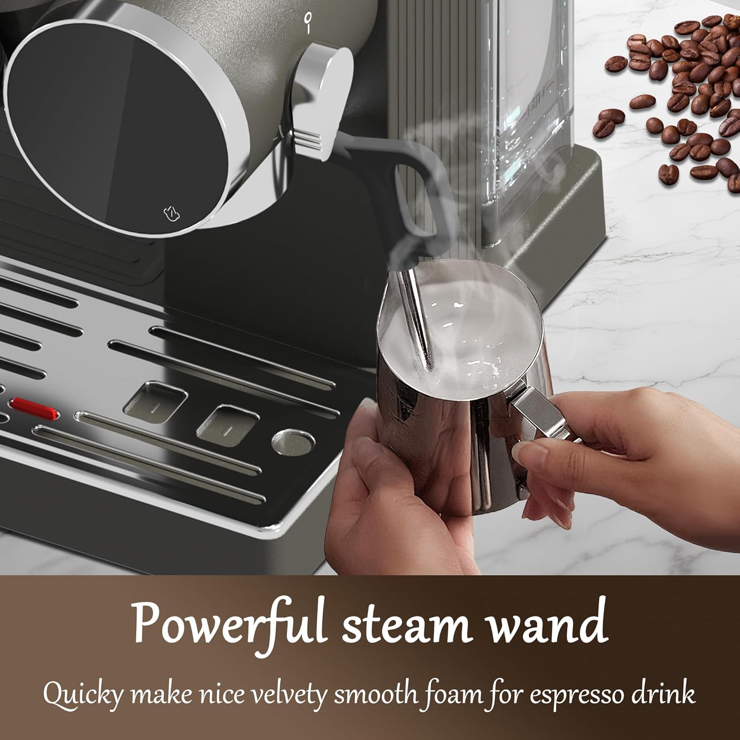 20 Bar Espresso Machine with Milk Frother, Programmable Expresso Coffee Machines with Adjustable Grinder Built in & 53 oz. Removable Water Tank for Espresso, Americano, Cappuccino and Latte