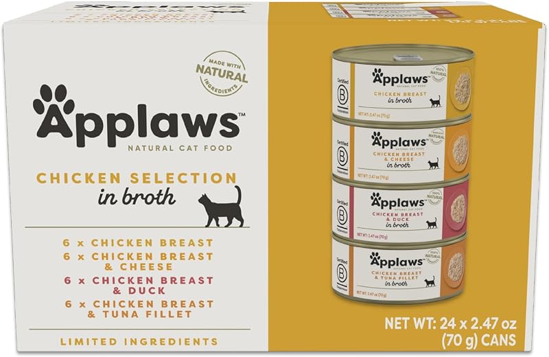 Ração úmida para gatos Applaws com frango em caldo, sabores variados, Pacote com 24 latas de 70 g