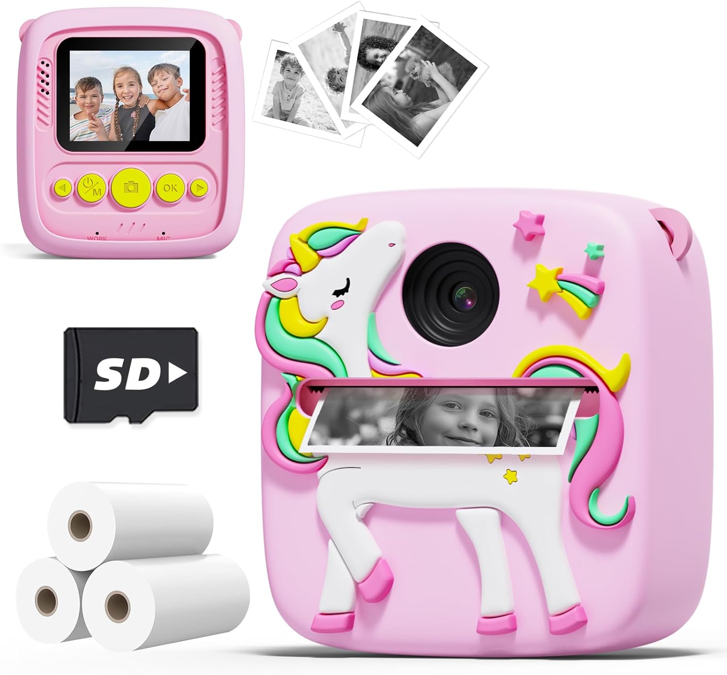 Kids Camera Instant Print, Christmas Birthday Gifts for Kids Age 3-10, 1080P Digital Camera with Silicone Cover, Toddler Portable Travel Toys for 3 4 5 6 7 8 Year Old Girls Boys-Pink