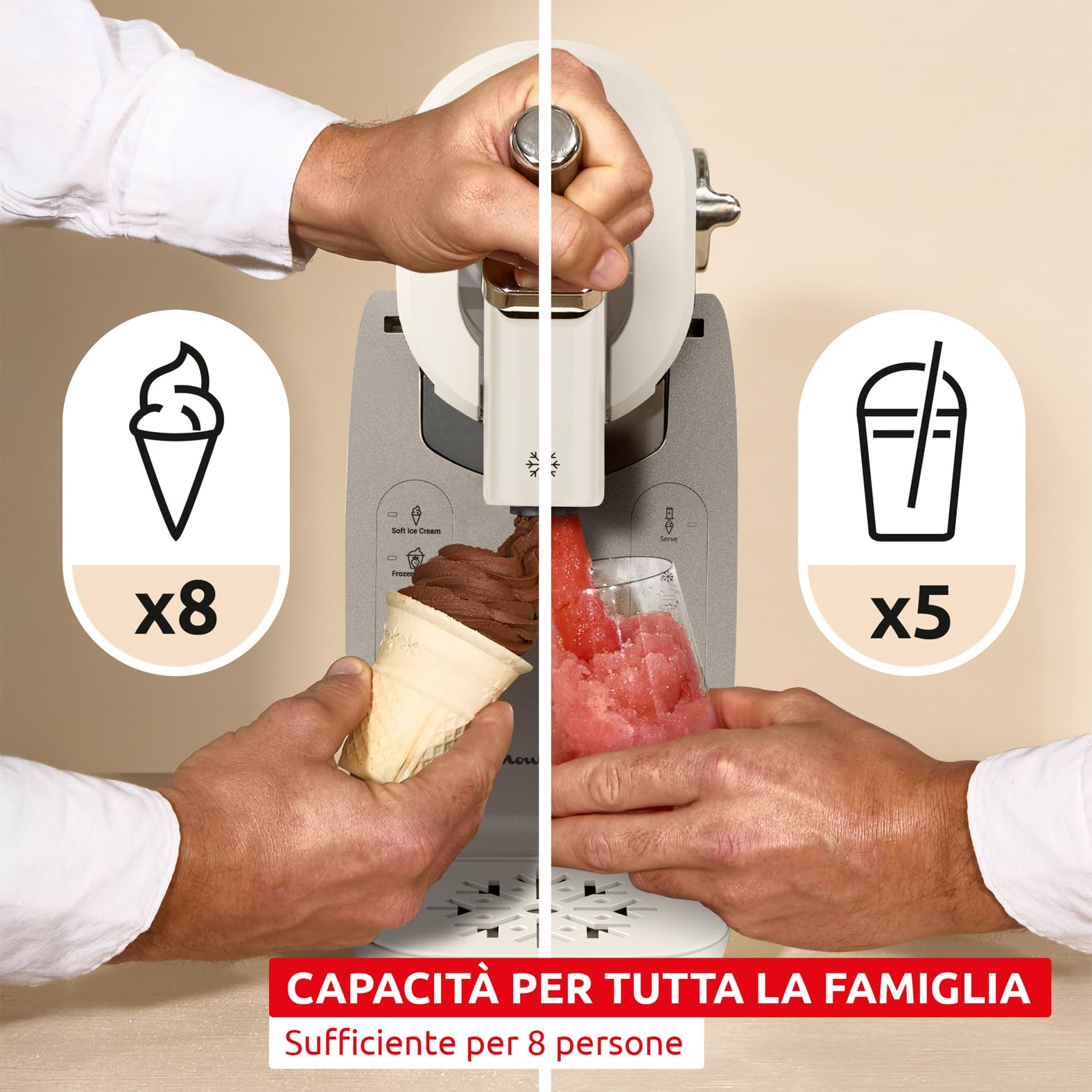 Moulinex Freezi, Gelatiera e Macchina Bevande Ghiacciate 16-in-1, per Preparare Gelati, Sorbetti, Granite, Frozen Yogurt, 5 Programmi, 200W, Colore Argento Premium, MJ803A