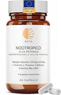 Nootropico – Integratore Memoria e Concentrazione con Bacopa Monnieri, Ginkgo Biloba, Tirosina, Teanina, Caffeina, Vitamine B6 e B12 – Integratore Studio Memoria e Focus Naturale – 60 Capsule