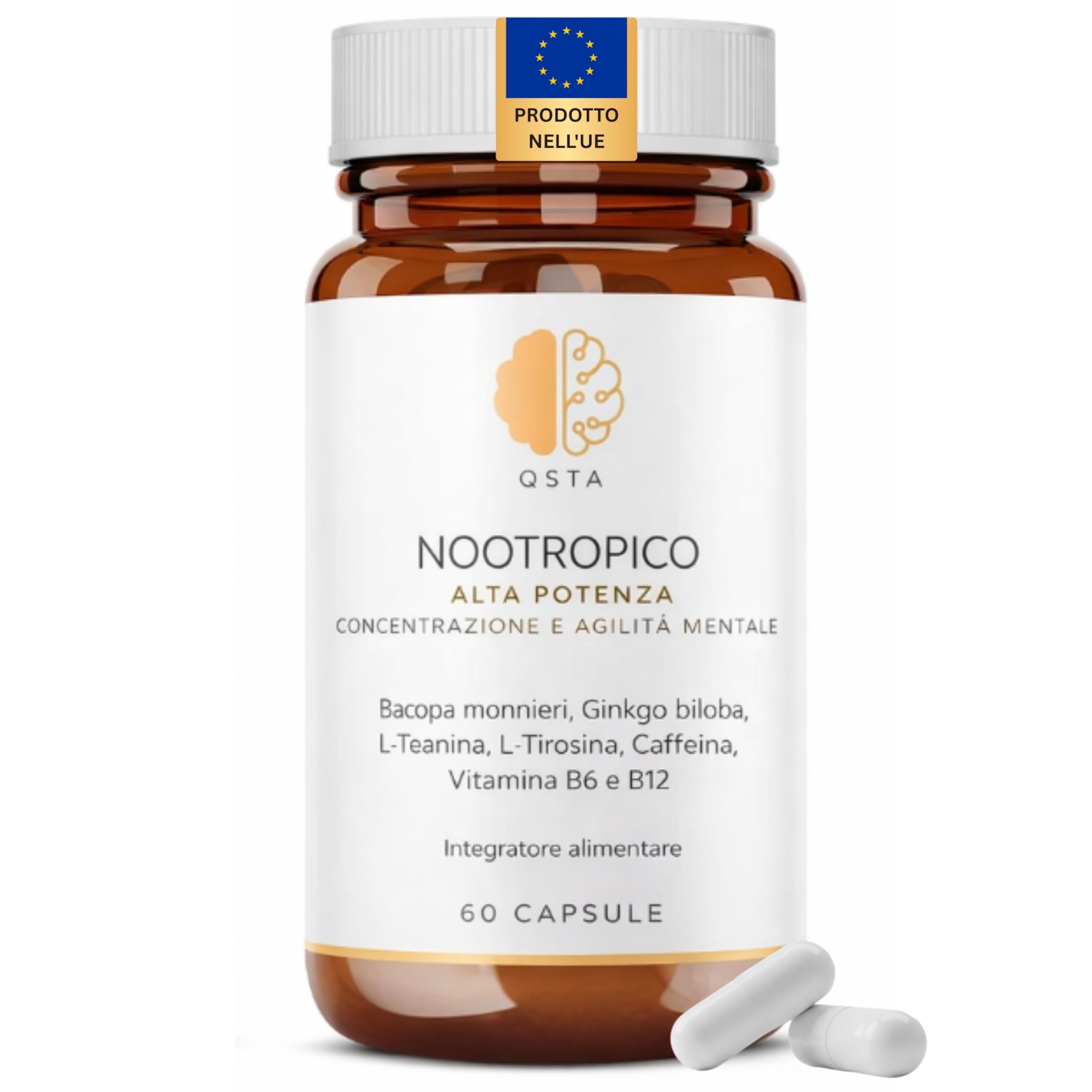 Nootropico – Integratore Memoria e Concentrazione con Bacopa Monnieri, Ginkgo Biloba, Tirosina, Teanina, Caffeina, Vitamine B6 e B12 – Integratore Studio Memoria e Focus Naturale – 60 Capsule