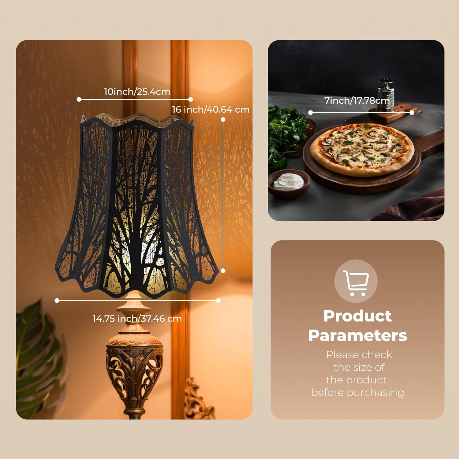 Etched Court Style Metal Lamp Shade, Large Upper and Lower Wave Lampshade with Forest Tree Pattern, 10"Top x 16" Bottom x 14.75" High, lron Cover shade for Table Lamps, Floor Lamps (Black/Gold)