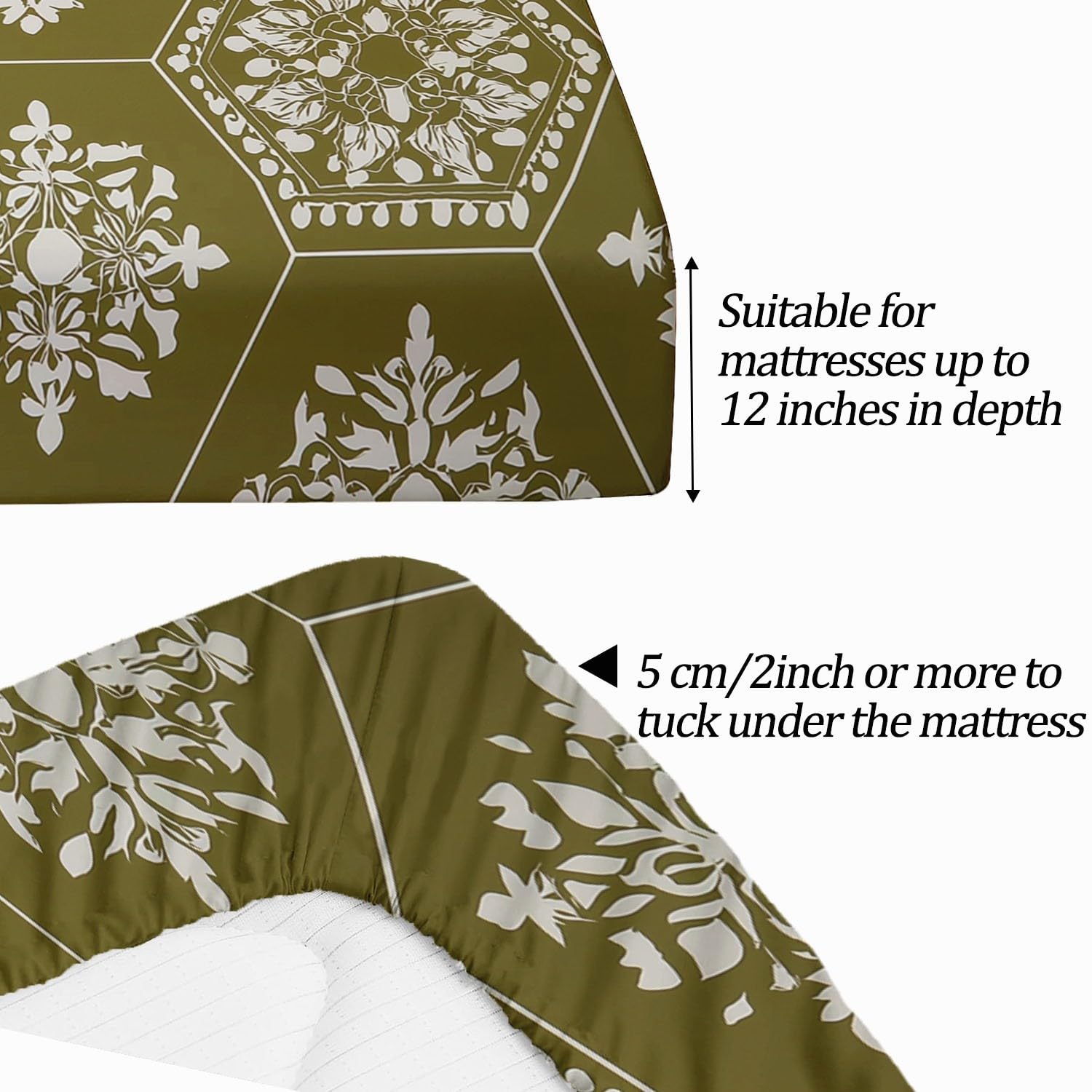 Drap Housse Doux Traditionnel Élégant Motif Damassé Thème, 140 x 190 cm Drap-Housse en Microfibre avec Coins Élastiqués - Respirant Draps-Housses pour Matelas de 30 cm Haut, Vert Olive