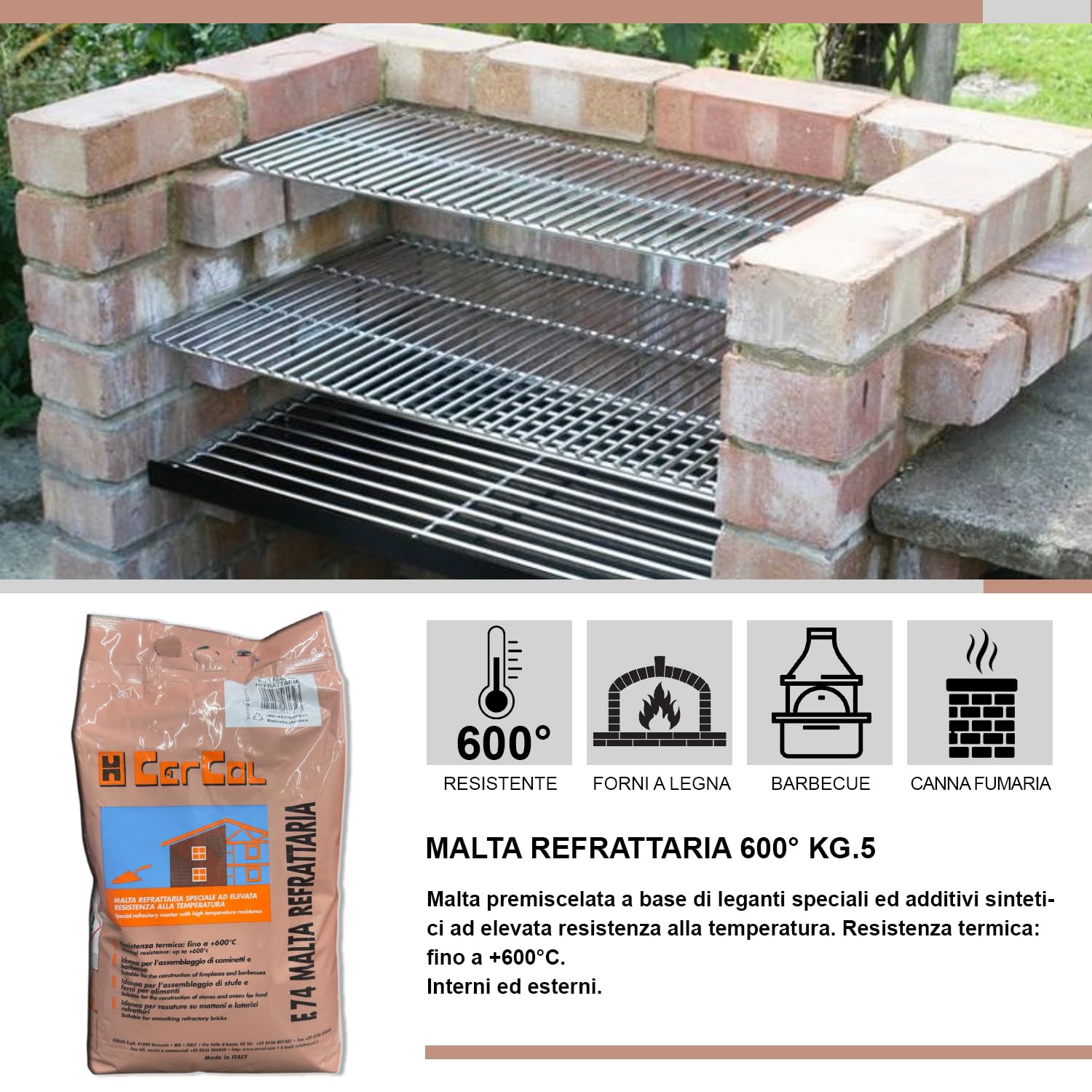 MASTERBRICO Cemento Refrattario Alta Temperatura 5 kg Grigio – Malta Resistente Fino a 600°C per Forni a Legna, Barbecue, Caminetti, Stufe – Pronto all’Uso per Lavori in Muratura