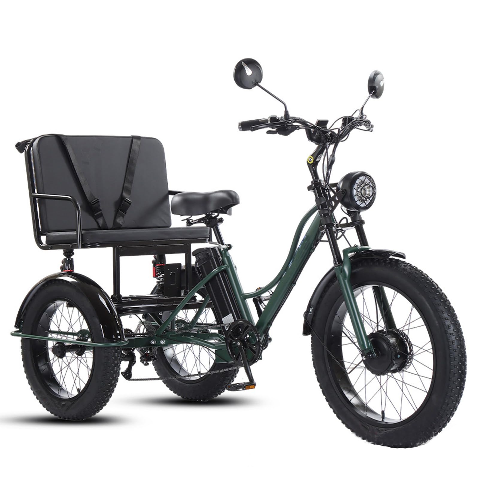 Bicicleta Eléctrica De 3 Ruedas De 24 Pulgadas Carga De 200 Kg Altura Ajustable Cesta Trasera para Padres Scooter para Hacer Ejercicio Y Hacer Compras para Personas Mayores Green-WithSeat