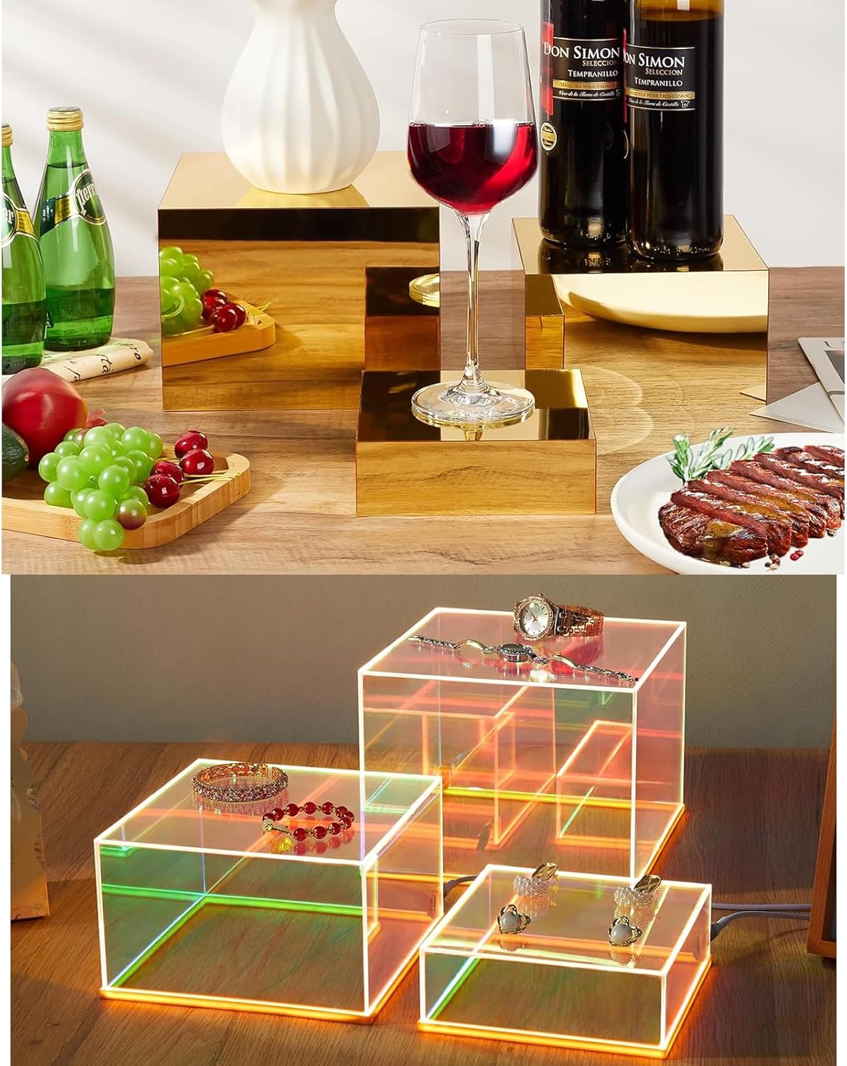 LED Rainbow & Gold Acrylic Riser Set - 6 Pcs Cube Stands with Hollow Base for Figures, Jewelry, Dessert & Christmas Decor