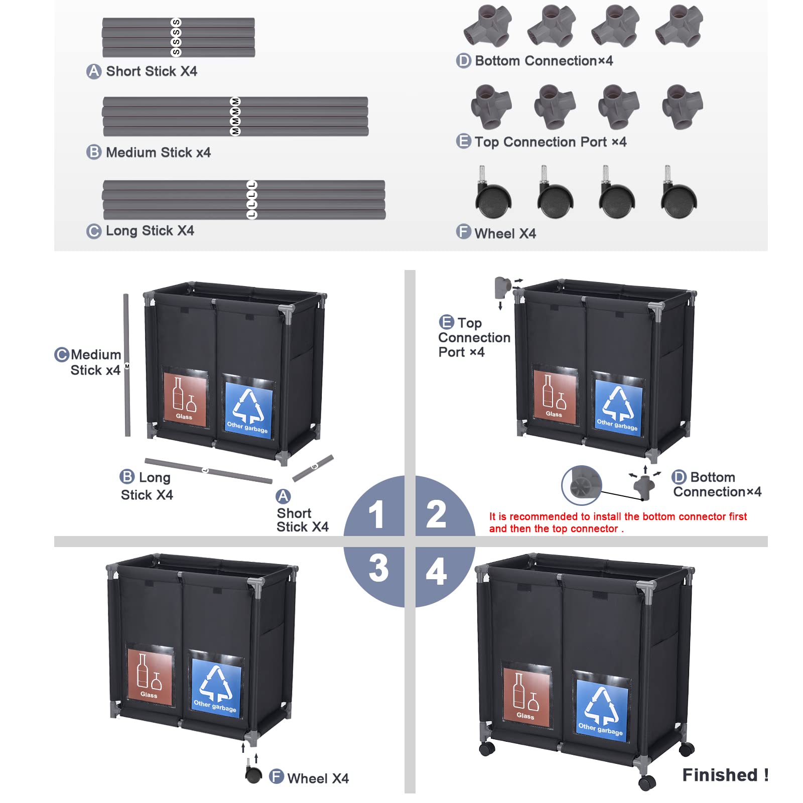 Hivexagon Panier Tri Ordures 110L 2 En 1 Avec Roulettes - Séparateur Déchets Cuisine Bureau