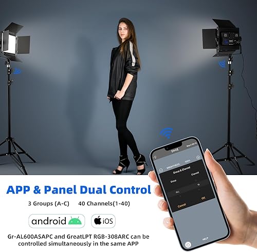 Miniatura 5 de GreatLPT 2 piezas de iluminación de fotografía LED de 50 W 600 con control de aplicación y kit de soporte, 3200K-5600K regulable CRI 96+ TLCI 97+