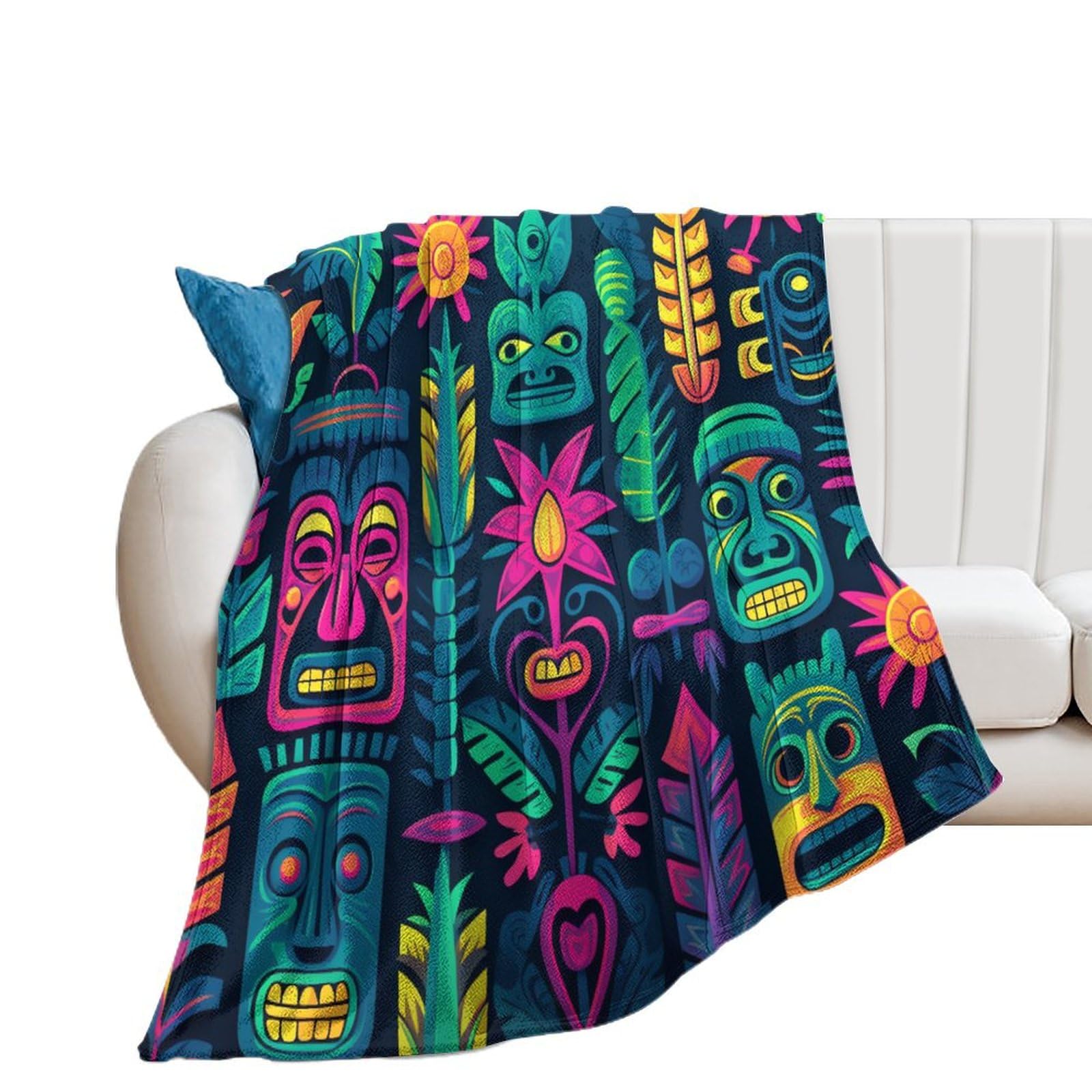 HighonHi Neon Style Tropical Tiki Beach Bar Flannel Fleece Blanket 50"x60" Colorful Plumeria Exotic Tiki Pattern Blankets and Throws for Couch Bed