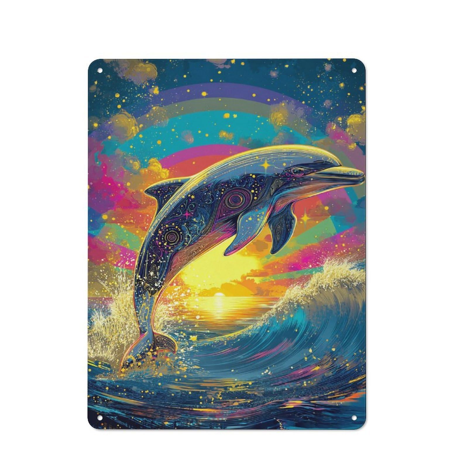 Junmoney Colorful Dolphin Sunset Artwork Metal Wall Sign 40X30cm Featuring For Hallway Wall, Suited To Wall Display Collectors