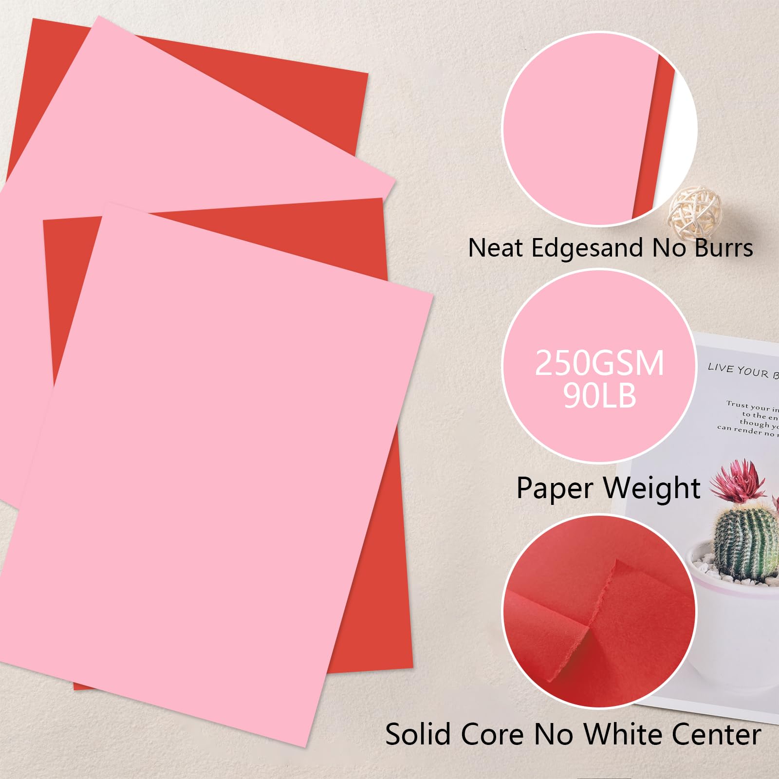 30 hojas de cartulina de color rosa y rojo, 8.5 x 11 pulgadas, 250 g/m²/90 libras, papel grueso de núcleo sólido para el día de San Valentín, escuela, manualidades, suministros de decoración