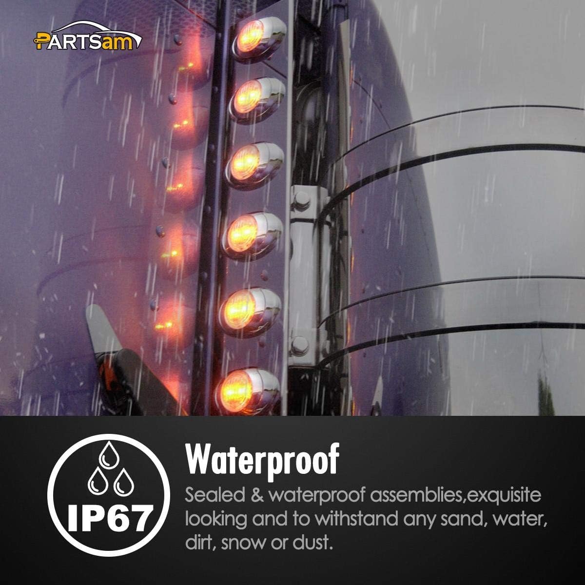 Partsam 10Pcs 3"x2" Amber 3 LED Oval Marker Clearance Lights, Chrome Panelite Light Replacement For Peterbilt Kenworth Freightliner Semi Truck