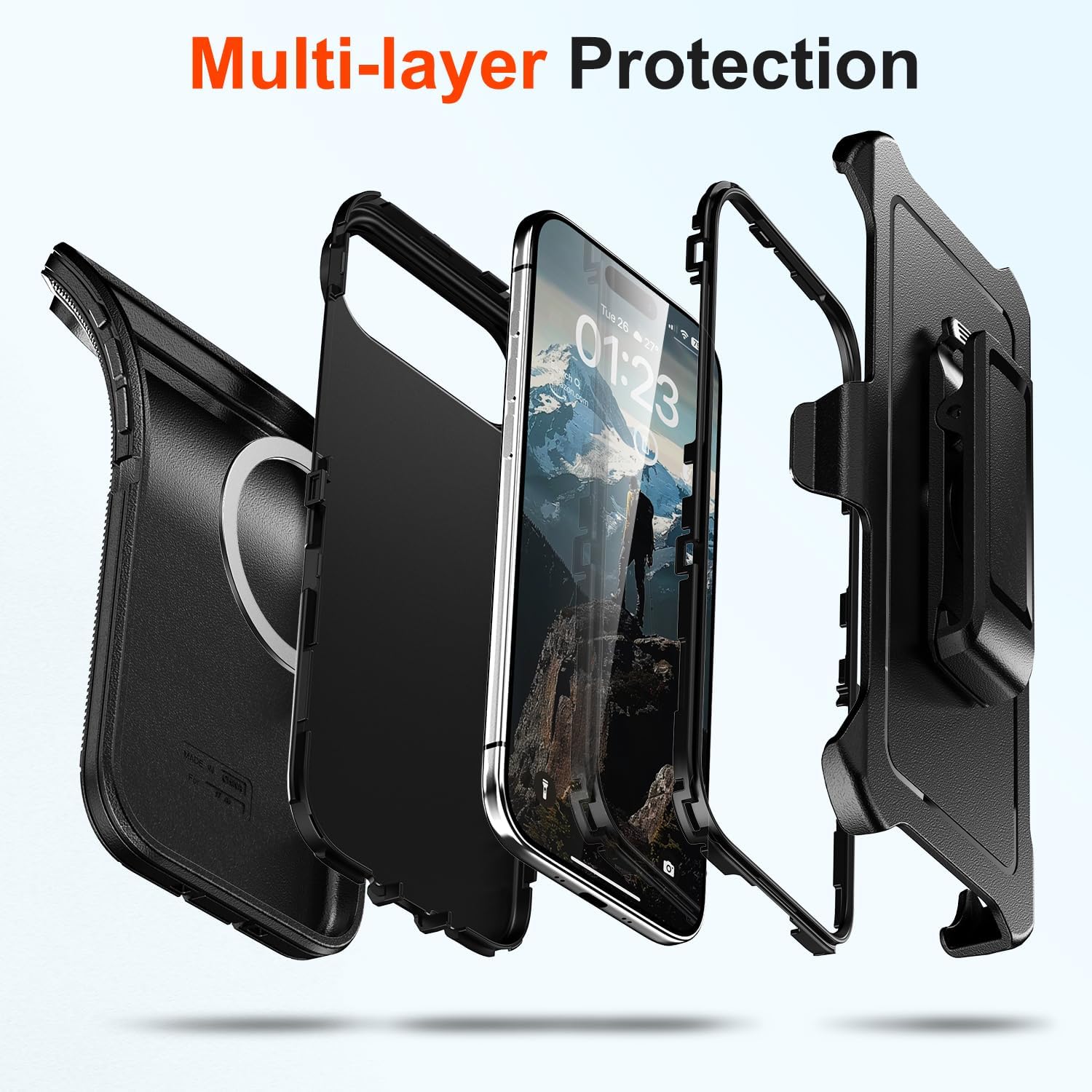 Compatible with iPhone Air Case with Belt Clip Holster, 2X Screen Protector, Shockproof, Compatible with MagSafe, 3-Layer, Heavy Duty Magnetic Phone Case Cover, 17 Air 6.5", Black - Image 2