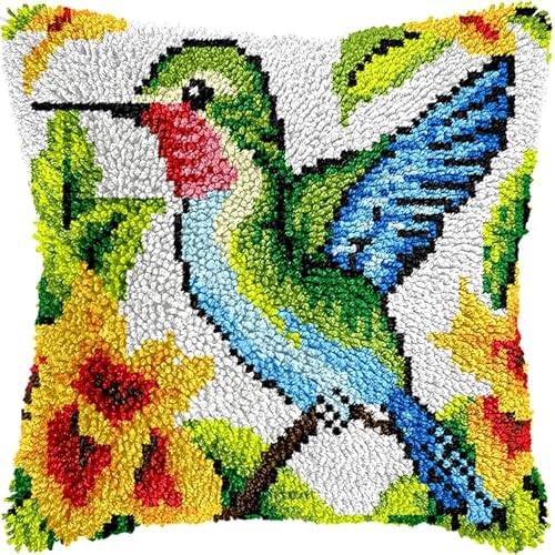 WallustrioaW Kits de gancho de pestillo DIY cojín,Colibrí y flores,Kits de alfombras autoanudables almohadas,Cojines de Ganchillo,43x43cm